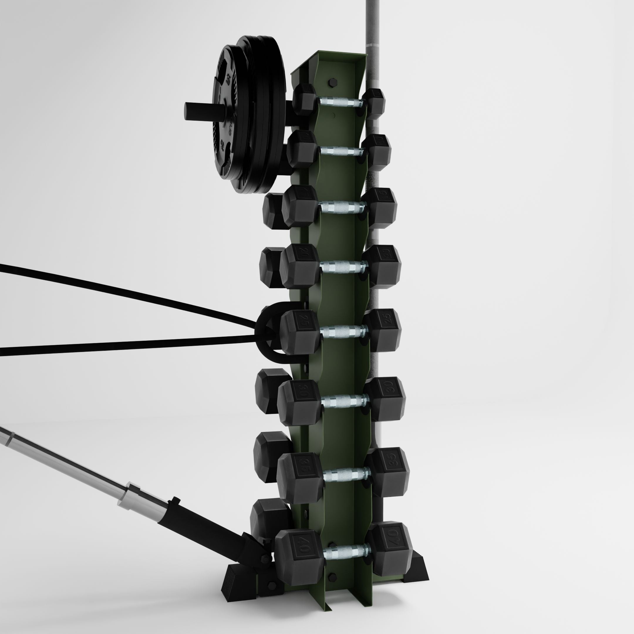 military green alpha 8-tier vertical dumbbell storage rack storing dumbbells, weight plates, barbells, and a resistance band using storage attachment accessories