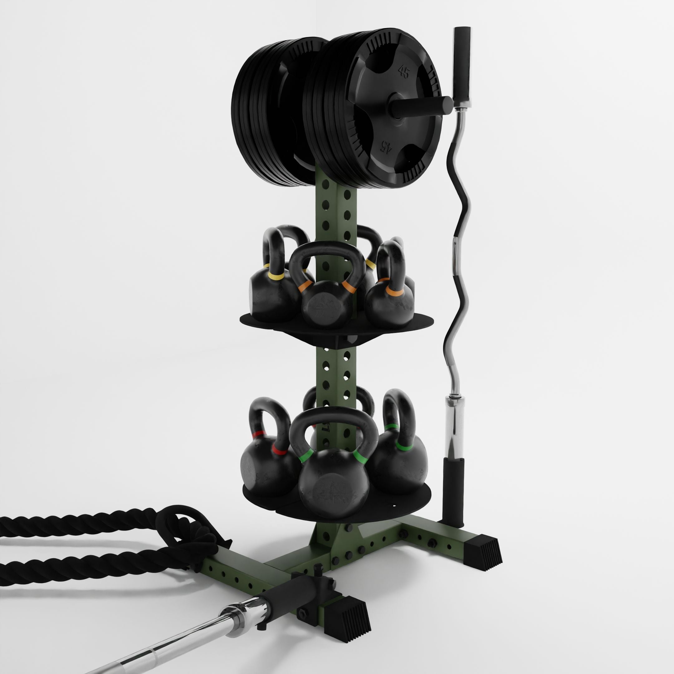 military green alpha pk vertical hybrid plate and kettlebell storage rack storing weight plates, kettlebells, barbells, and a battle rope using storage attachment accessories