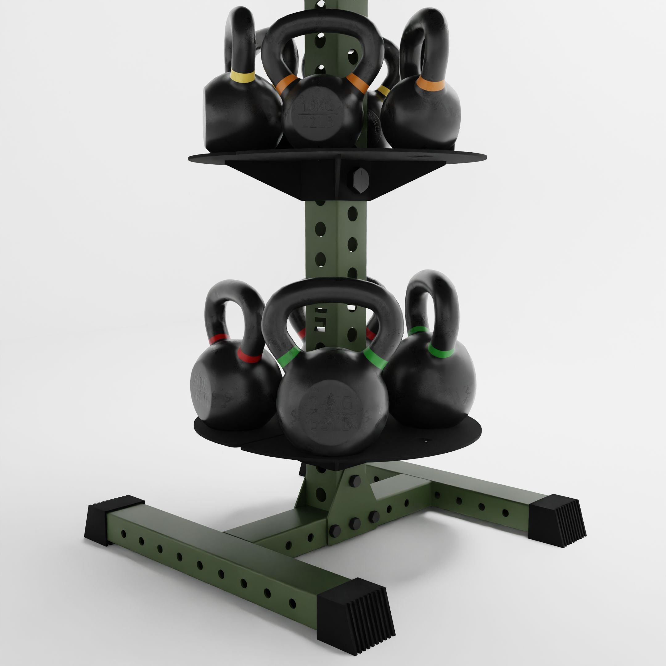 military green alpha pk vertical hybrid plate and kettlebell rack base storing kettlebells