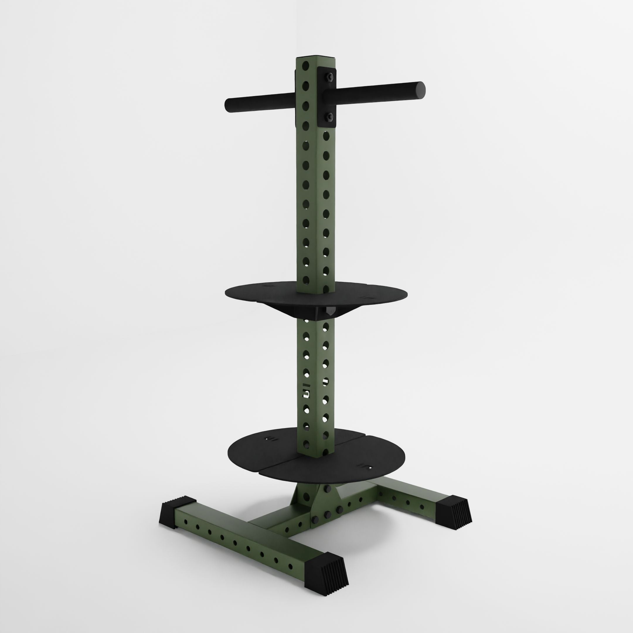 military green alpha pk vertical hybrid plate and kettlebell storage rack side view