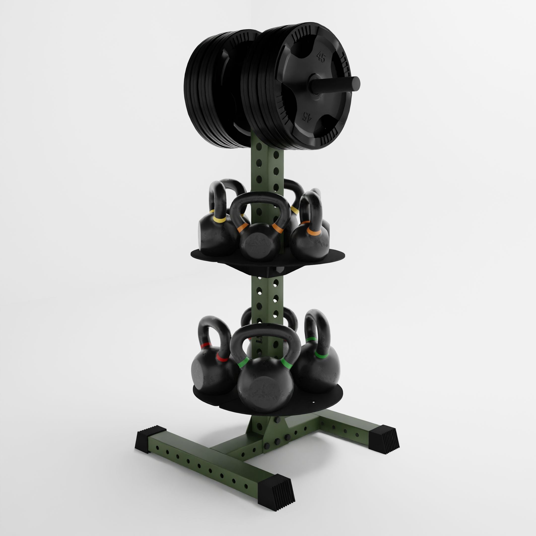 military green alpha pk vertical hybrid plate and kettlebell storage rack storing weight plates and kettlebells side view