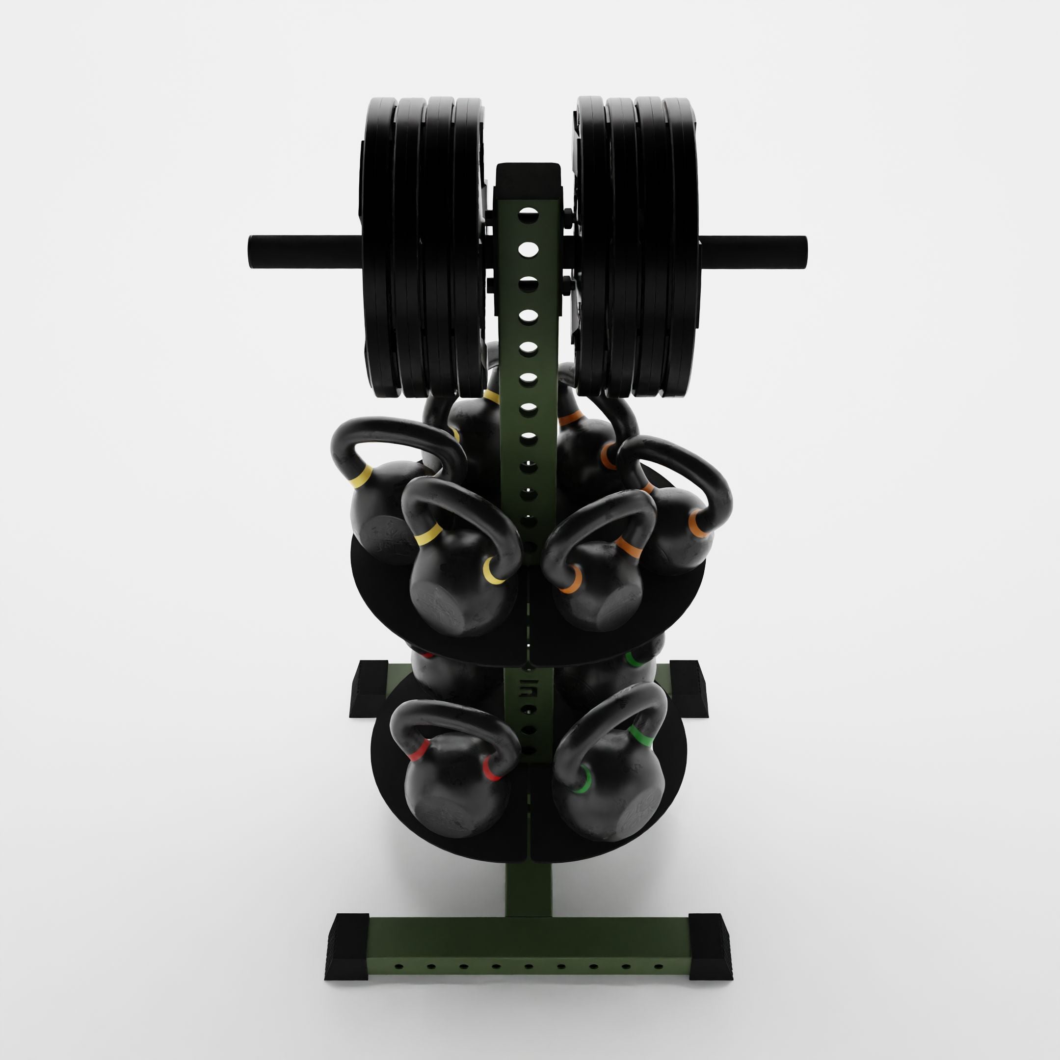 military green alpha pk vertical hybrid plate and kettlebell storage rack storing weight plates and kettlebells top view