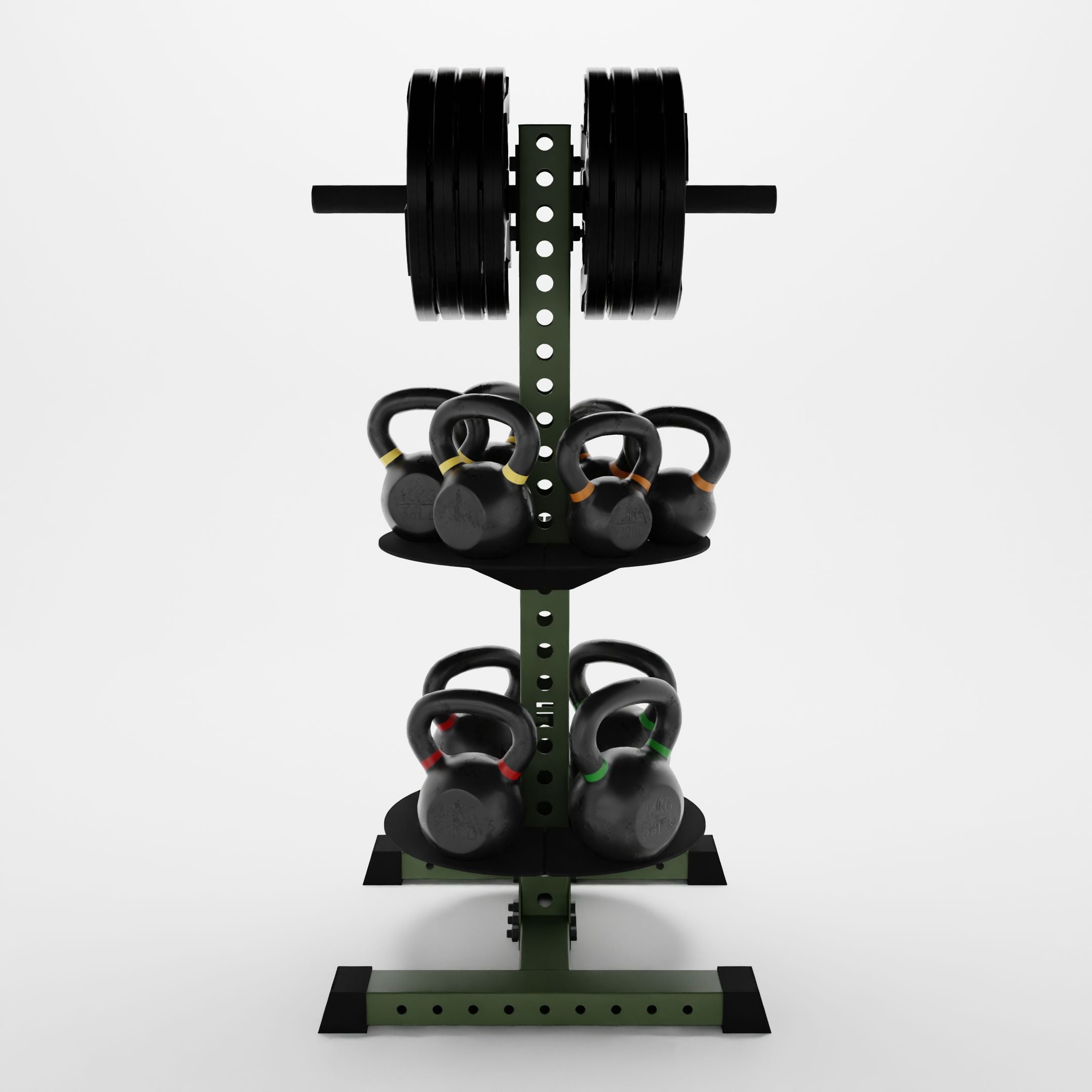 military green alpha pk vertical hybrid plate and kettlebell storage rack storing weight plates and kettlebells