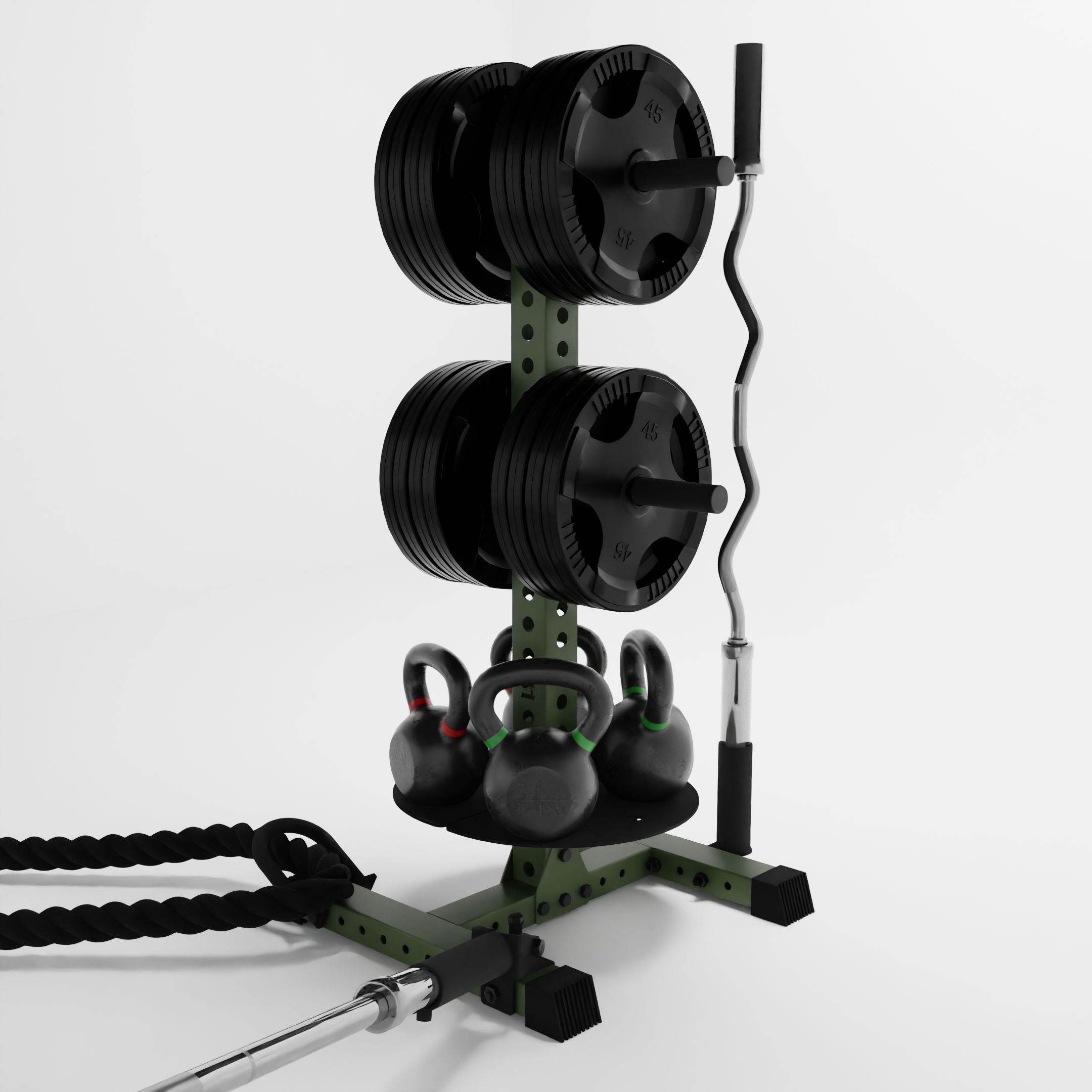 military green alpha pk vertical hybrid plate and kettlebell storage rack storing weight plates, kettlebells, barbells, and a battle rope using storage attachment accessories