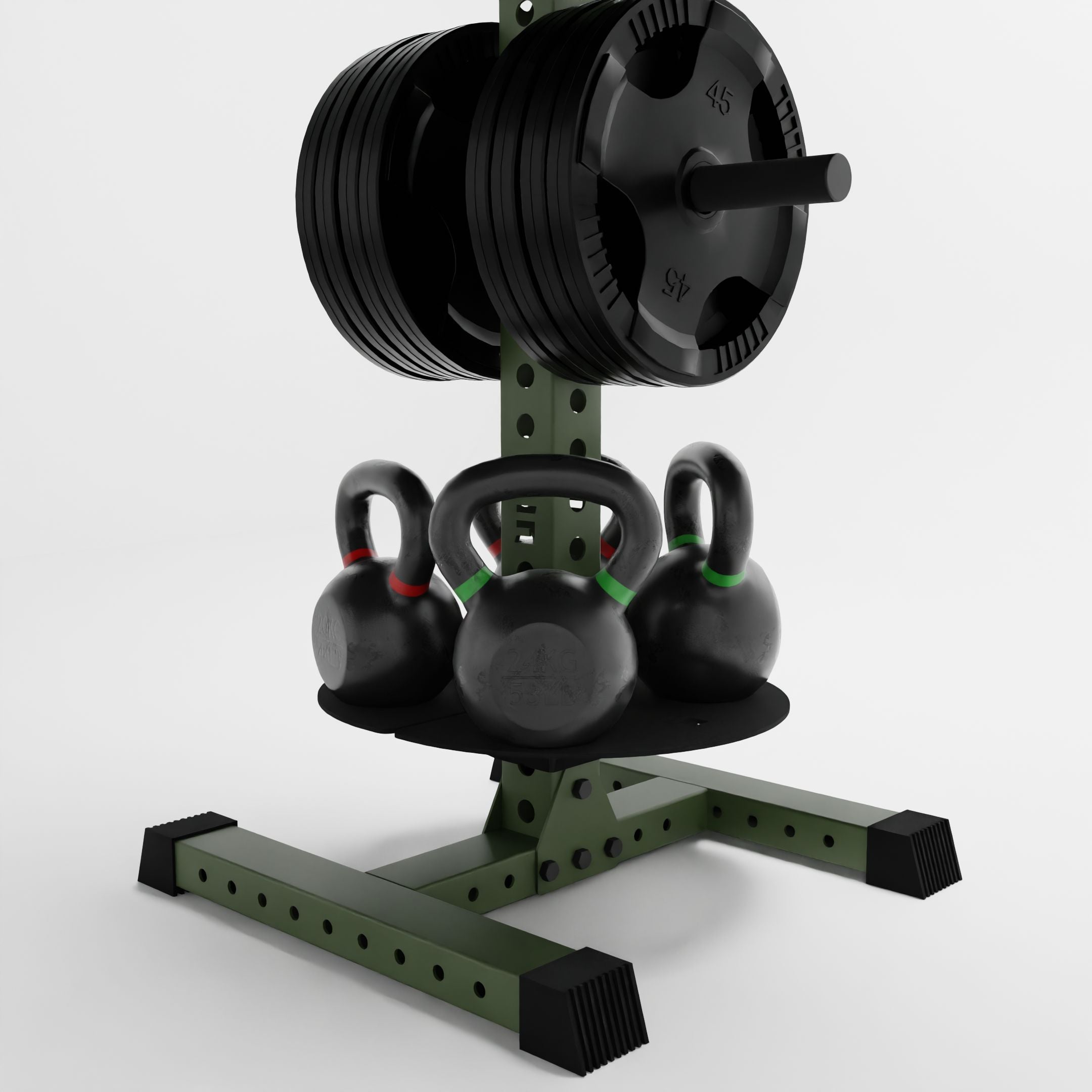 military green alpha pk vertical hybrid plate and kettlebell storage rack base storing kettlebells and weight plates