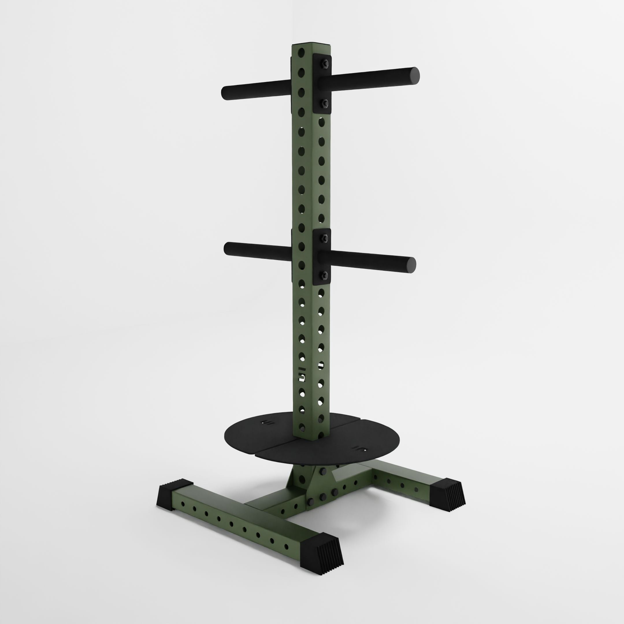 military green alpha pk vertical hybrid plate and kettlebell storage rack side angle