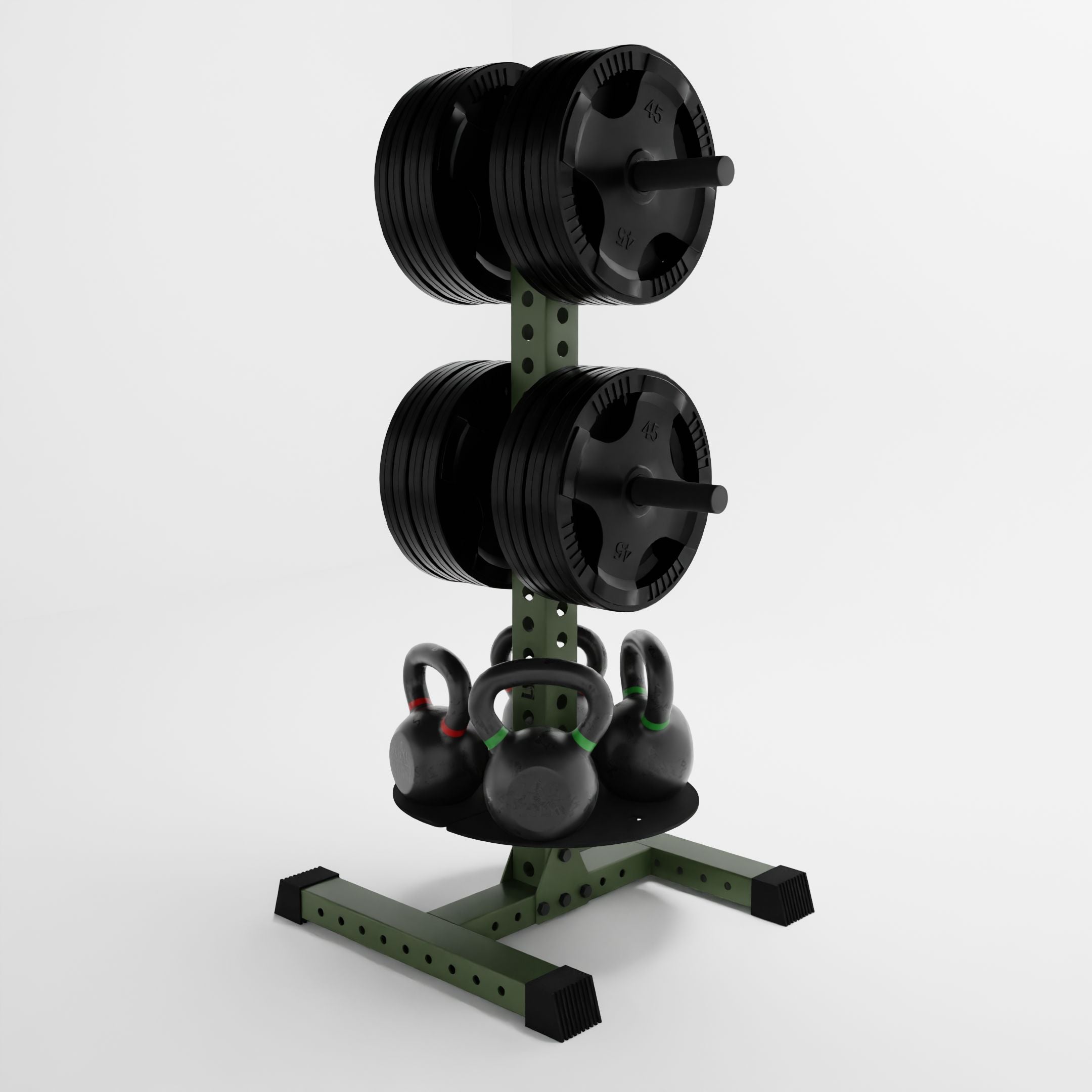 military green alpha pk hybrid plate and kettlebell storage rack storing weight plates and kettlebells side angle