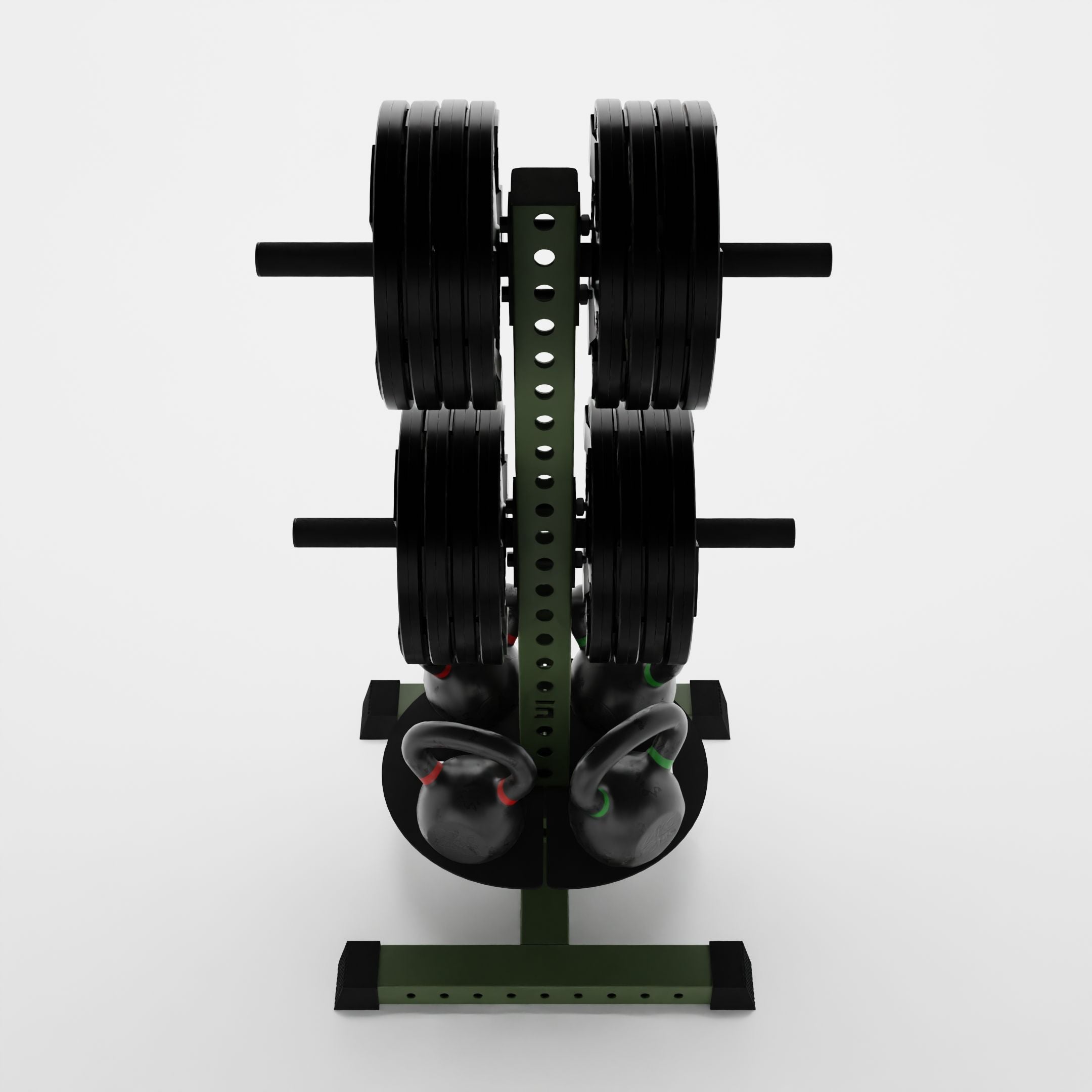 military green alpha pk vertical hybrid plate and kettlebell storage rack storing weight plates and kettlebells top view