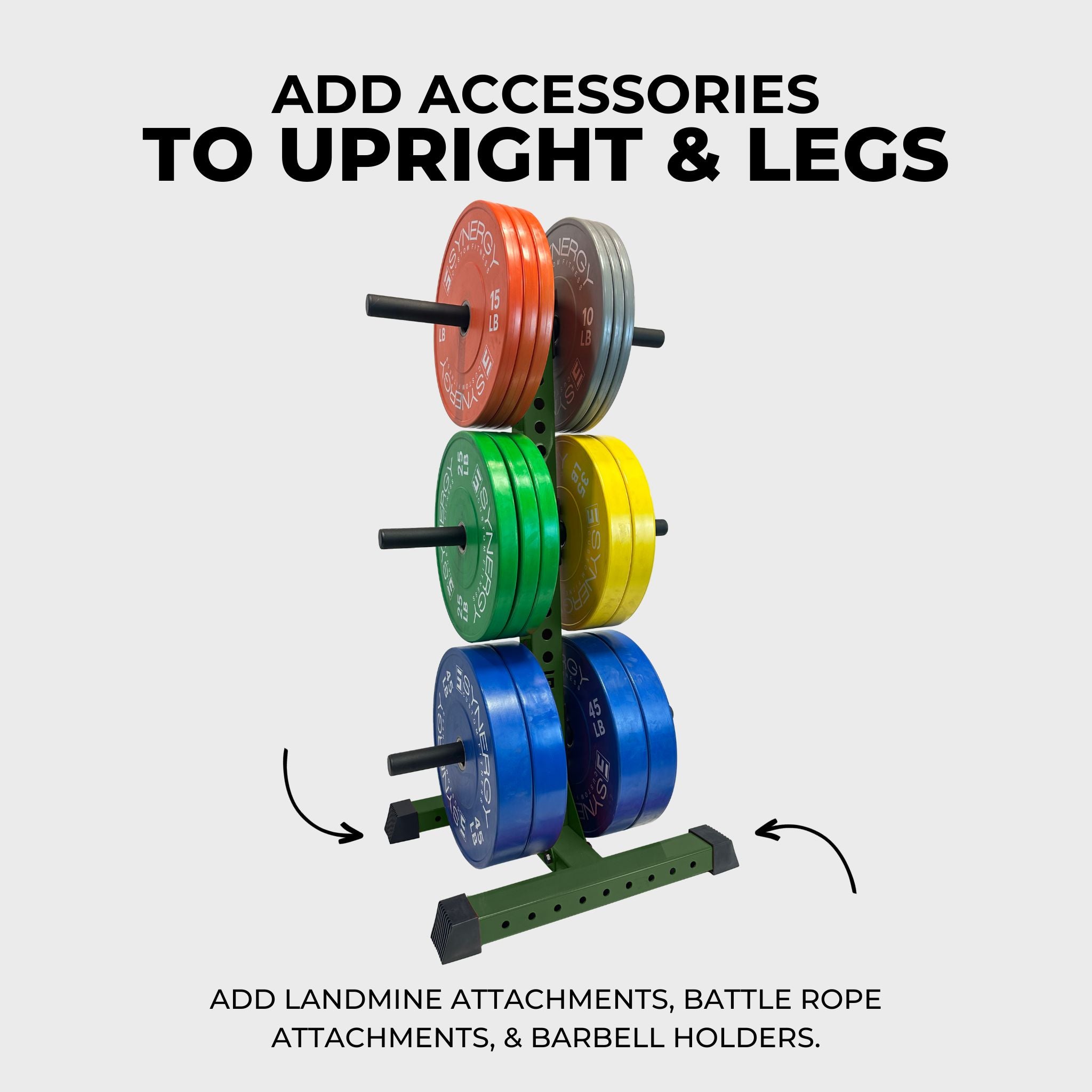 military green alpha vertical weight plate storage tree with six weight plate holders holding various weight plates and text that reads "add accessories to upright & legs, add landmine attachments, battle rope attachments, & barbell holders"