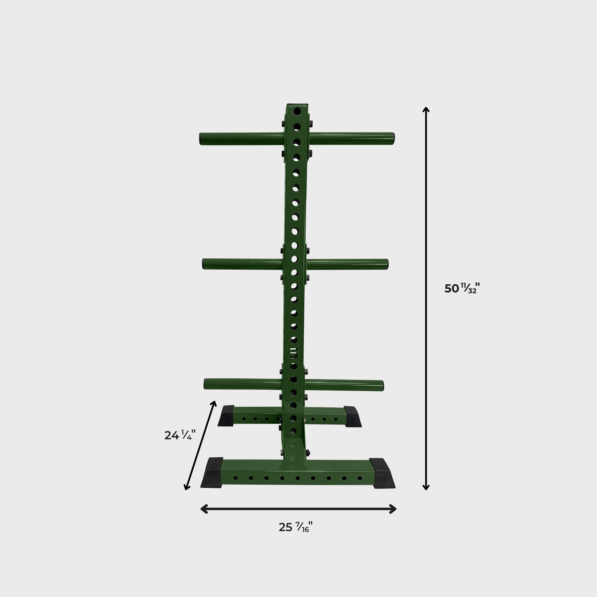 military green alpha vertical weight plate storage tree with six weight plate holders and its dimensions: height 50 11/32 inches, length 25 7/16 inches, width 24 1/4 inches