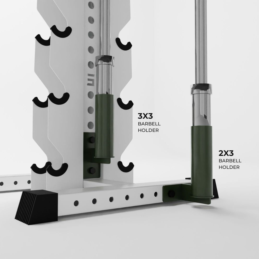 two military green barbell holder attachments holding barbells