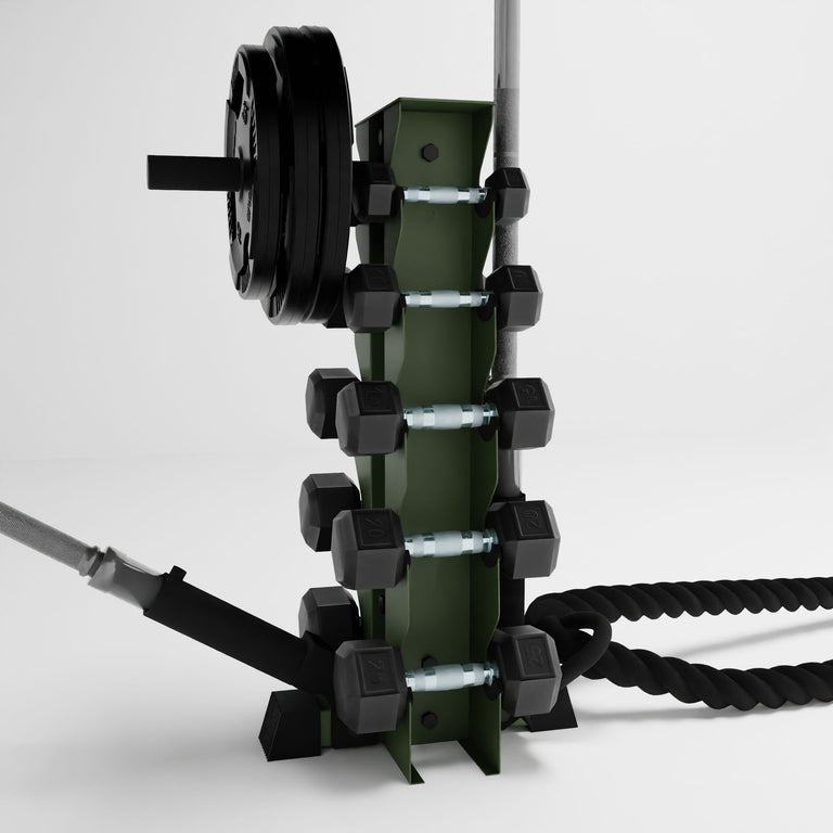 military green bravo 5-tier vertical dumbbell storage rack storing dumbbells, weight plates, barbells, and a battle rope using storage attachment accessories