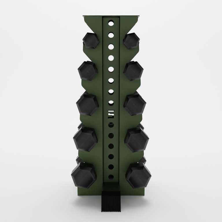 military green bravo 5-tier vertical dumbbell storage rack storing hex dumbbells