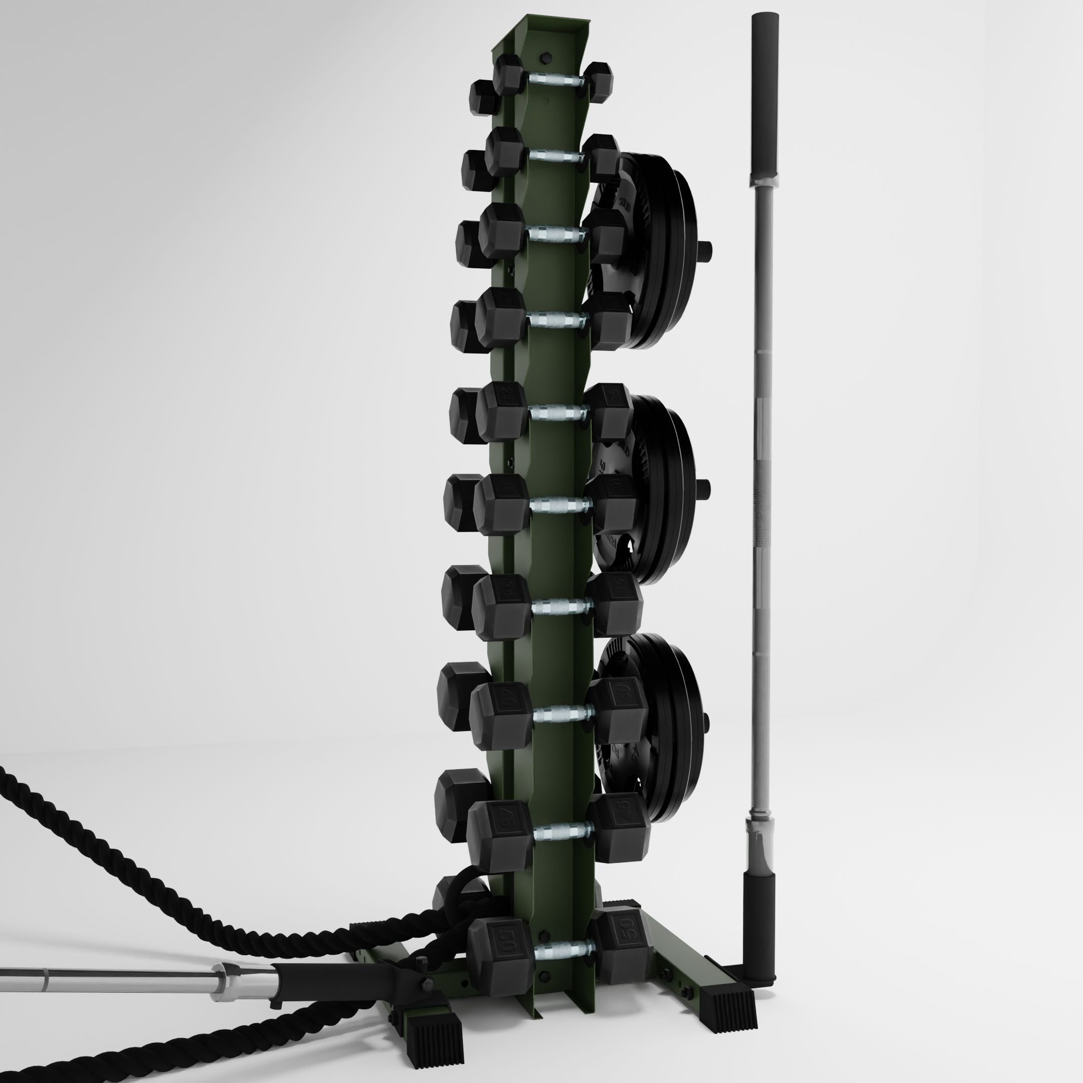 military green delta 10-tier vertical dumbbell storage rack storing dumbbells, weight plates, barbells, and a battle rope using storage attachment accessories