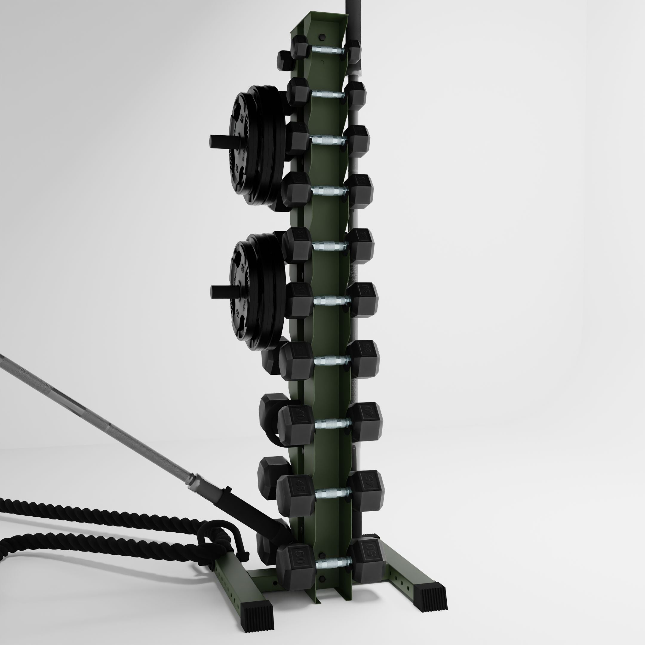 military green delta 10-tier vertical dumbbell storage rack storing dumbbells, weight plates, barbells, and a battle rope using storage attachment accessories