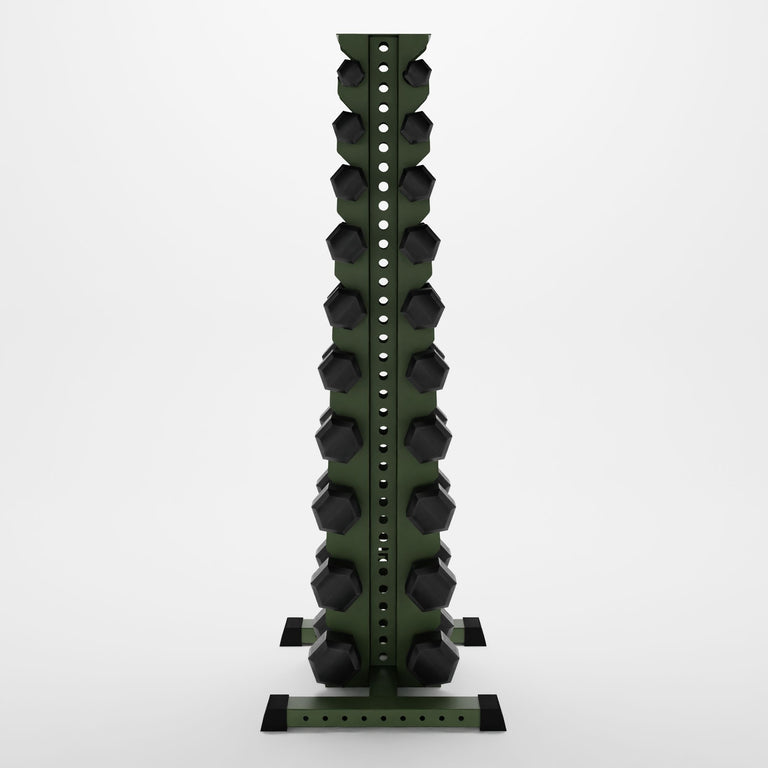 military green delta 10-tier vertical dumbbell storage rack storing hex dumbbells