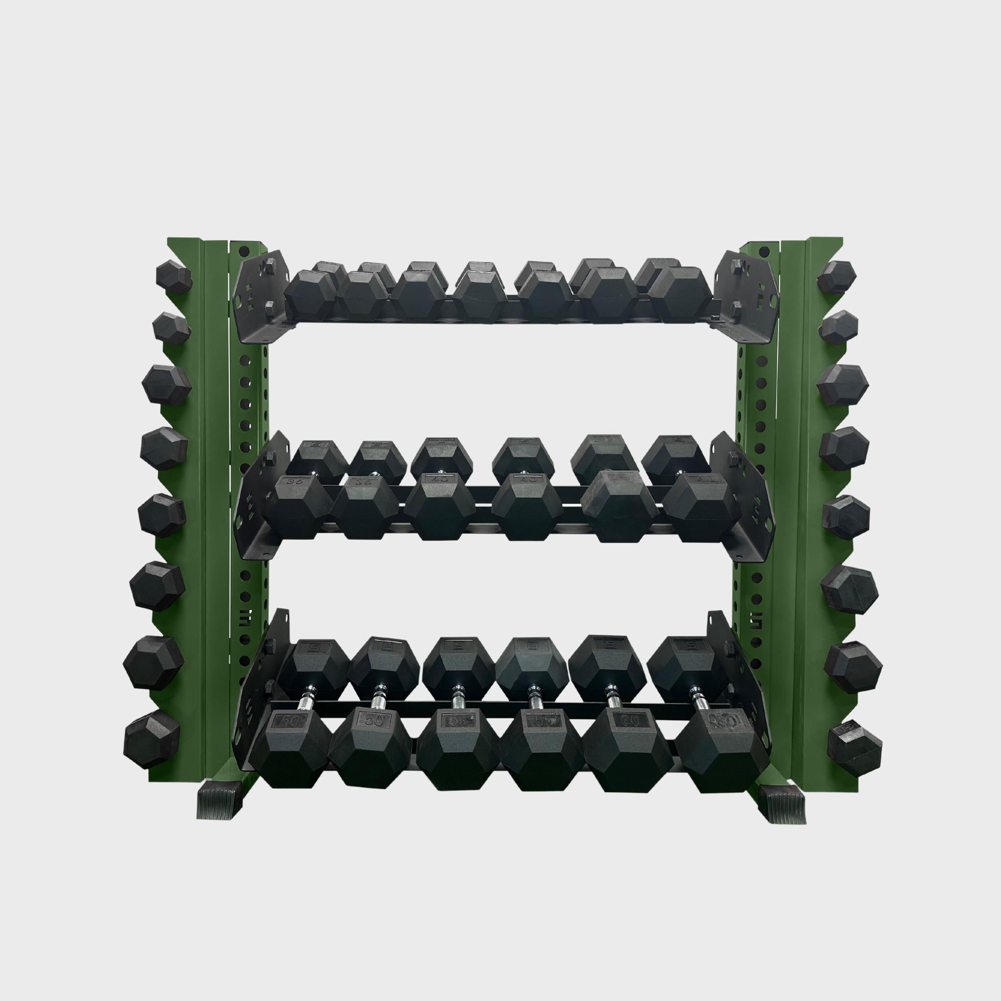 43 inch military green alpha 3-tier horizontal dumbbell rack loaded with hex dumbbells and vertical add-ons