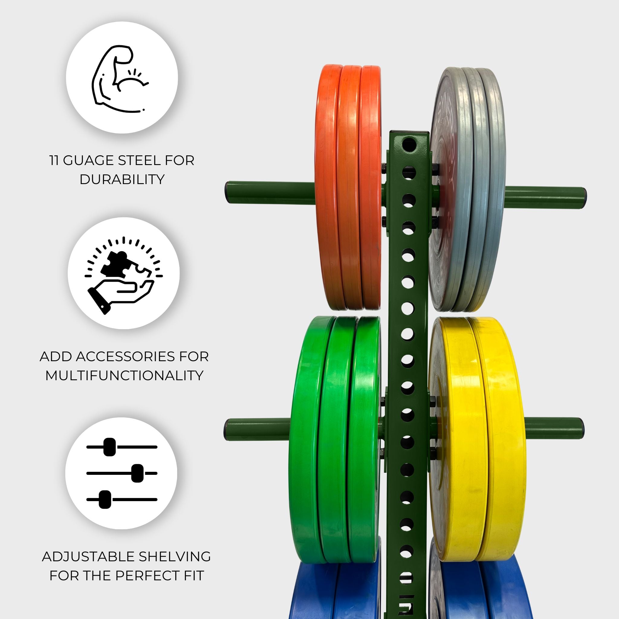 military green vertical weight plate storage tree with six weight plate holders holding various weight plates and text that reads "11 gauge steel for durability, add accessories for multifunctionality, adjustable shelving for the perfect fit"