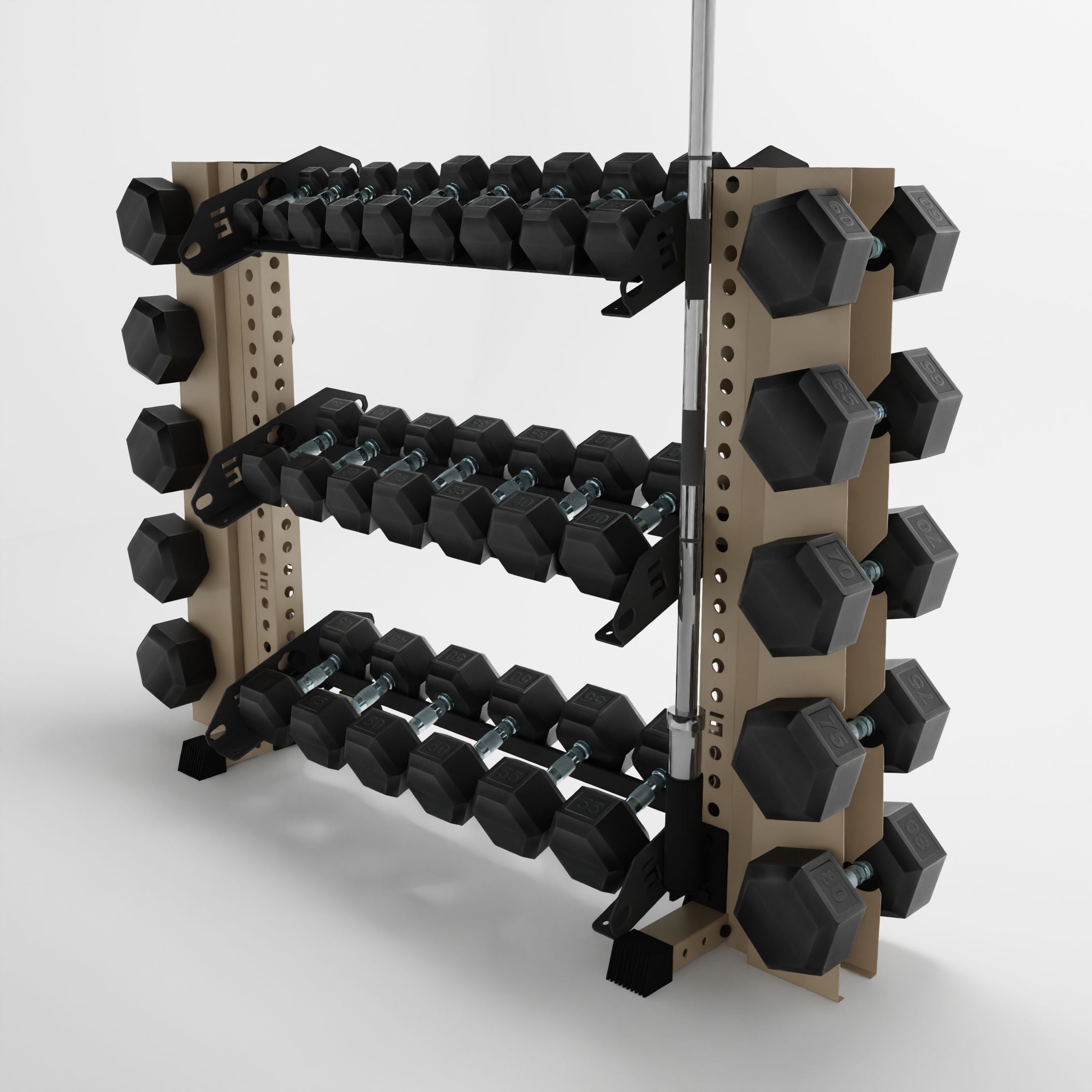 military tan 43-inch alpha 3-tier horizontal dumbbell rack with elite vertical add-ons storing dumbbells and a barbell using a storage attachment accessory