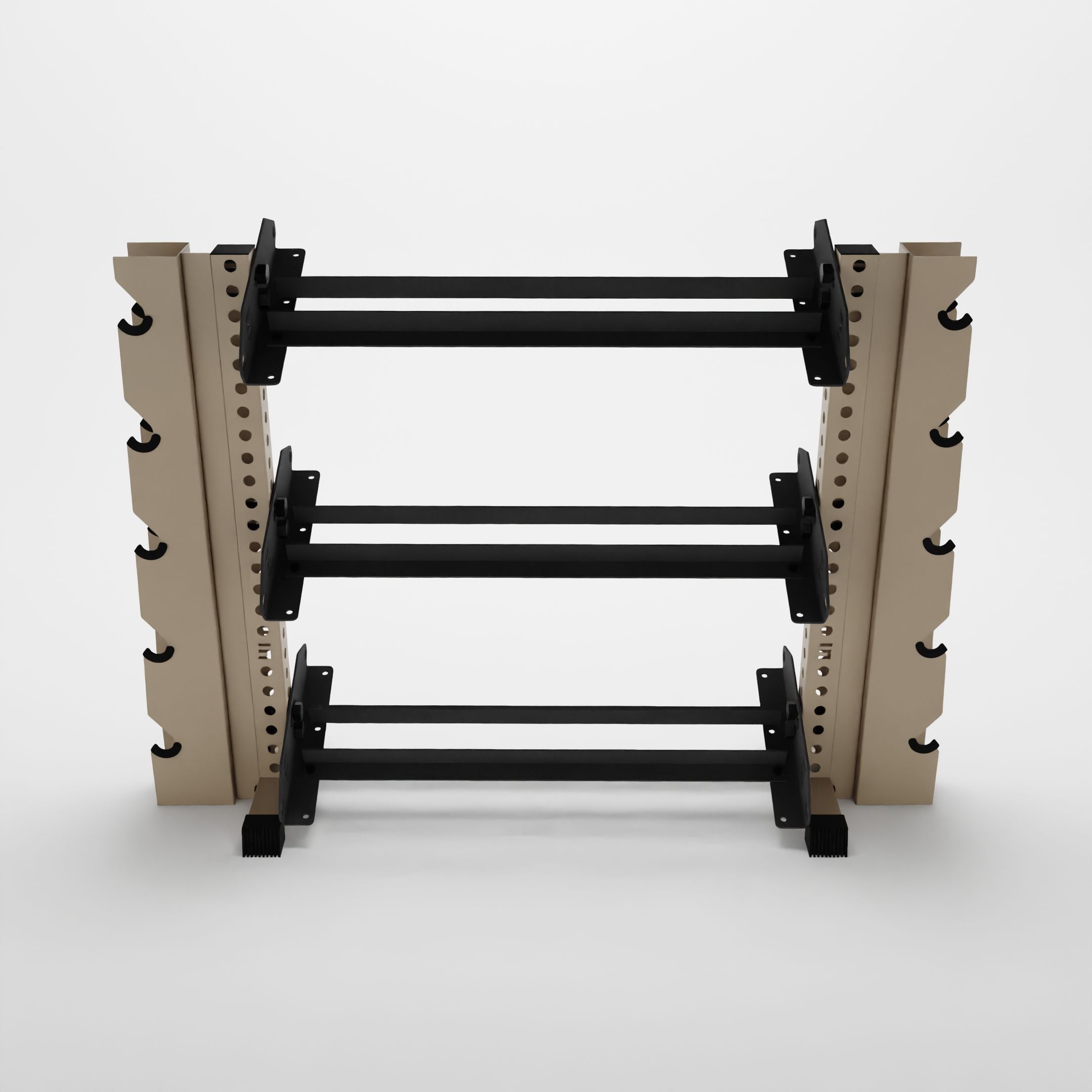 military tan 43-inch alpha 3-tier horizontal dumbbell rack with elite vertical add-ons