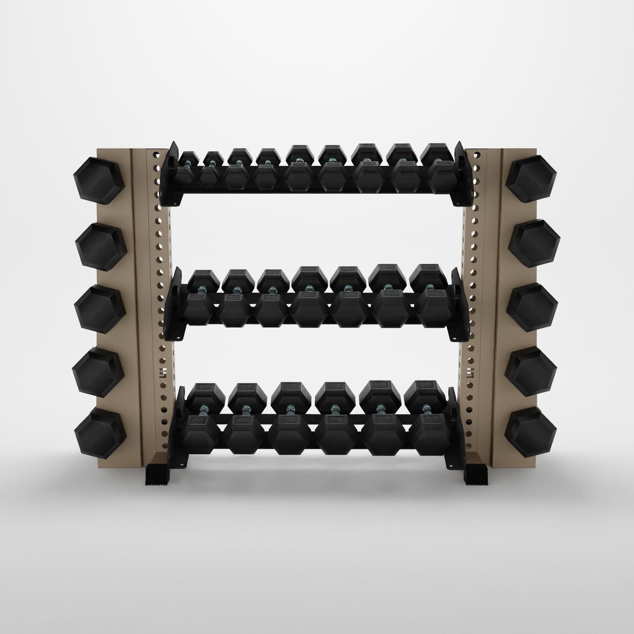 military tan 43-inch alpha 3-tier horizontal dumbbell rack with elite vertical add-ons storing hex dumbbells