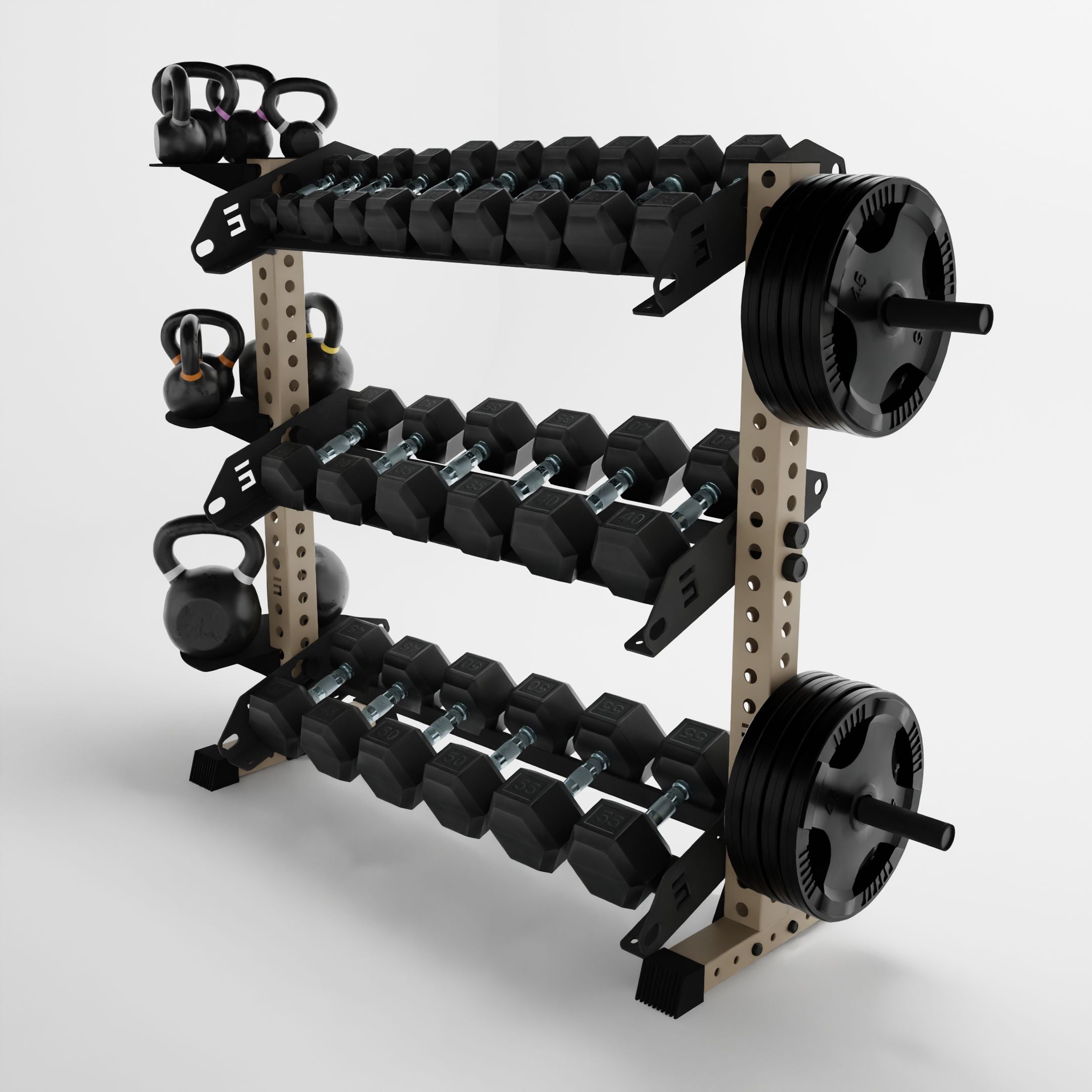 military tan 43-inch alpha 3-tier horizontal dumbbell rack storing dumbbells, weight plates, and kettlebells using storage attachment accessories