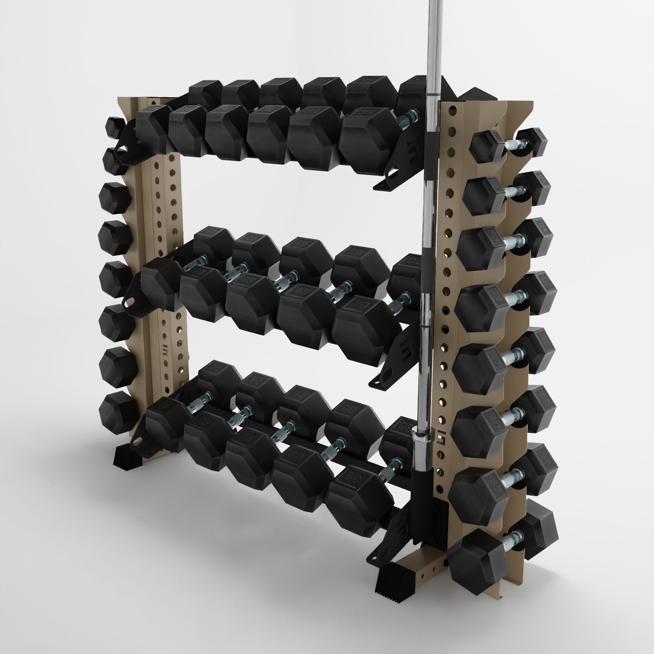 military tan 43-inch alpha 3-tier horizontal dumbbell rack with vertical add-ons storing dumbbells and a barbell using a storage attachment accessory