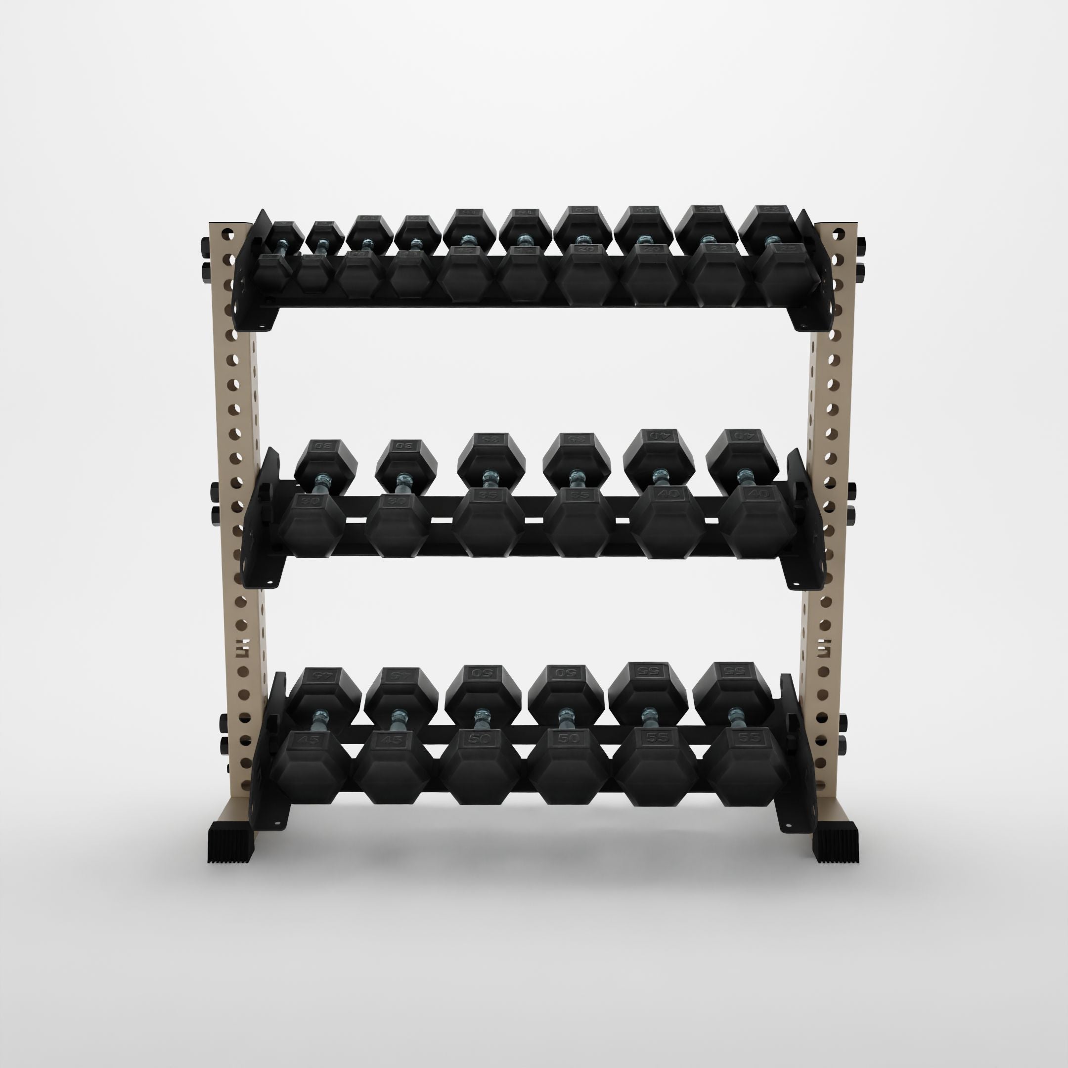 military tan 43-inch alpha 3-tier horizontal dumbbell racks storing hex dumbbells