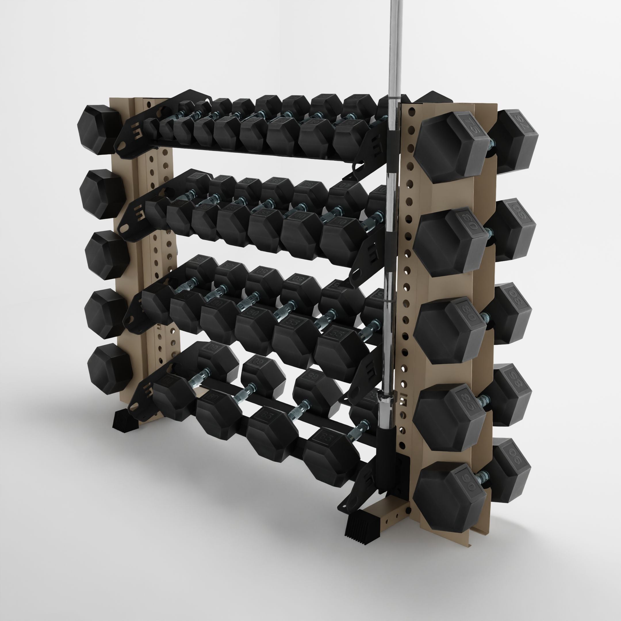 military tan 43-inch alpha 4-tier horizontal dumbbell rack with elite vertical add-ons storing hex dumbbells and a barbell using a storage attachment accessory