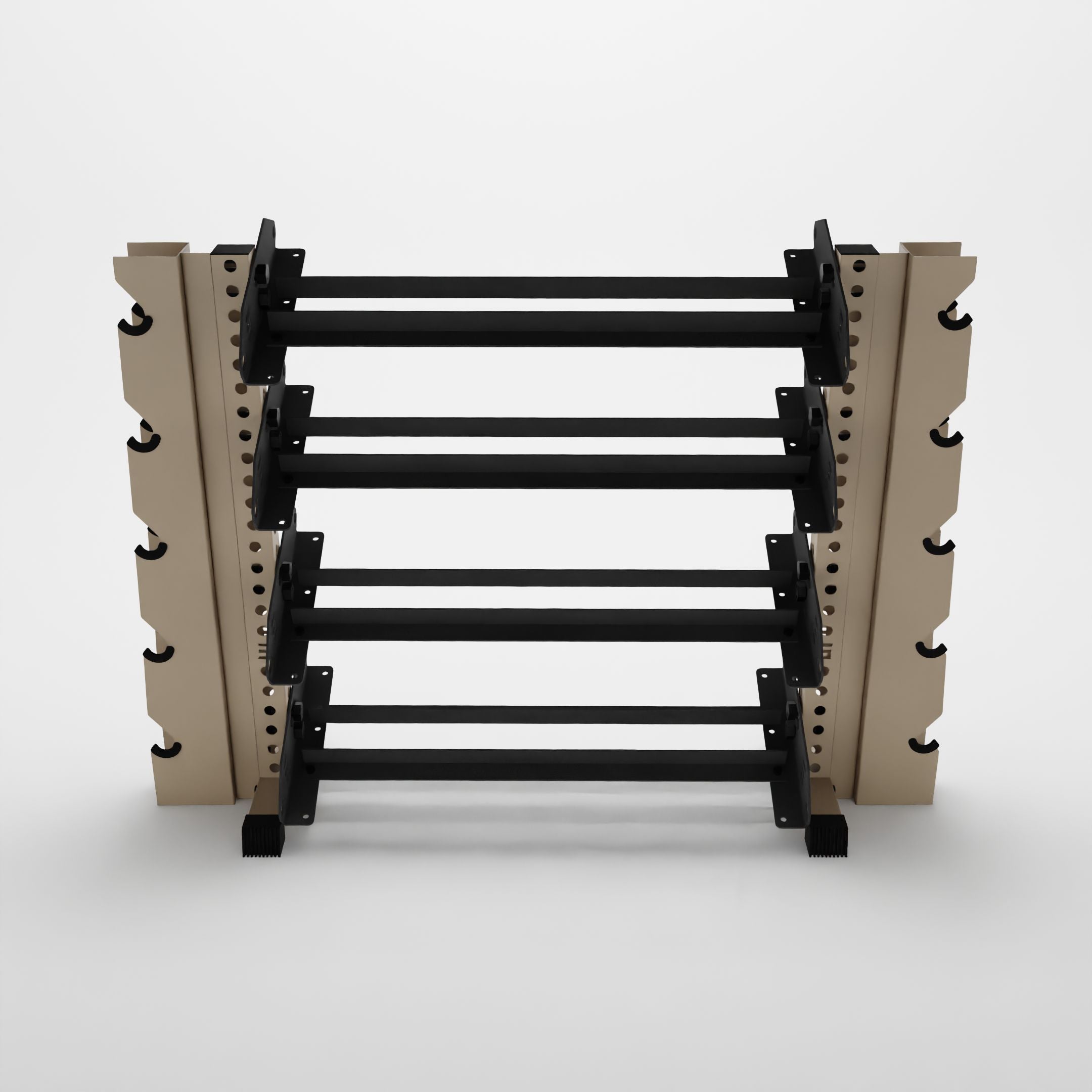 military tan 43-inch alpha 4-tier horizontal dumbbell rack with elite vertical add-ons