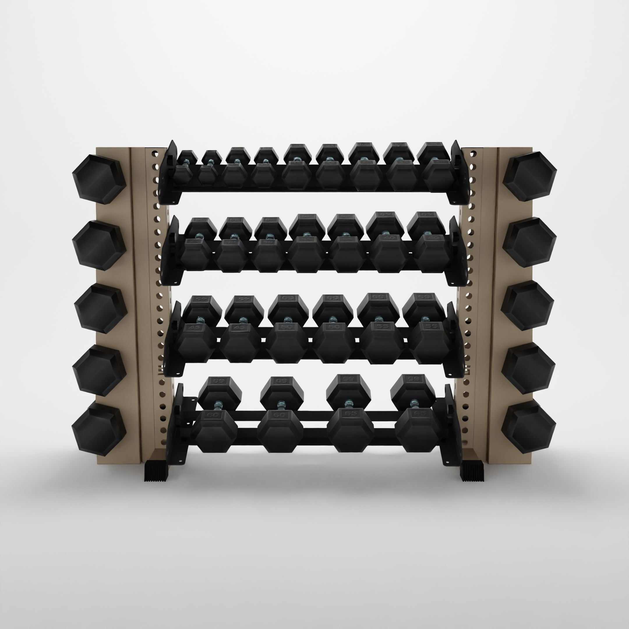 military tan 43-inch alpha 4-tier horizontal dumbbell rack with elite vertical add-ons storing hex dumbbells