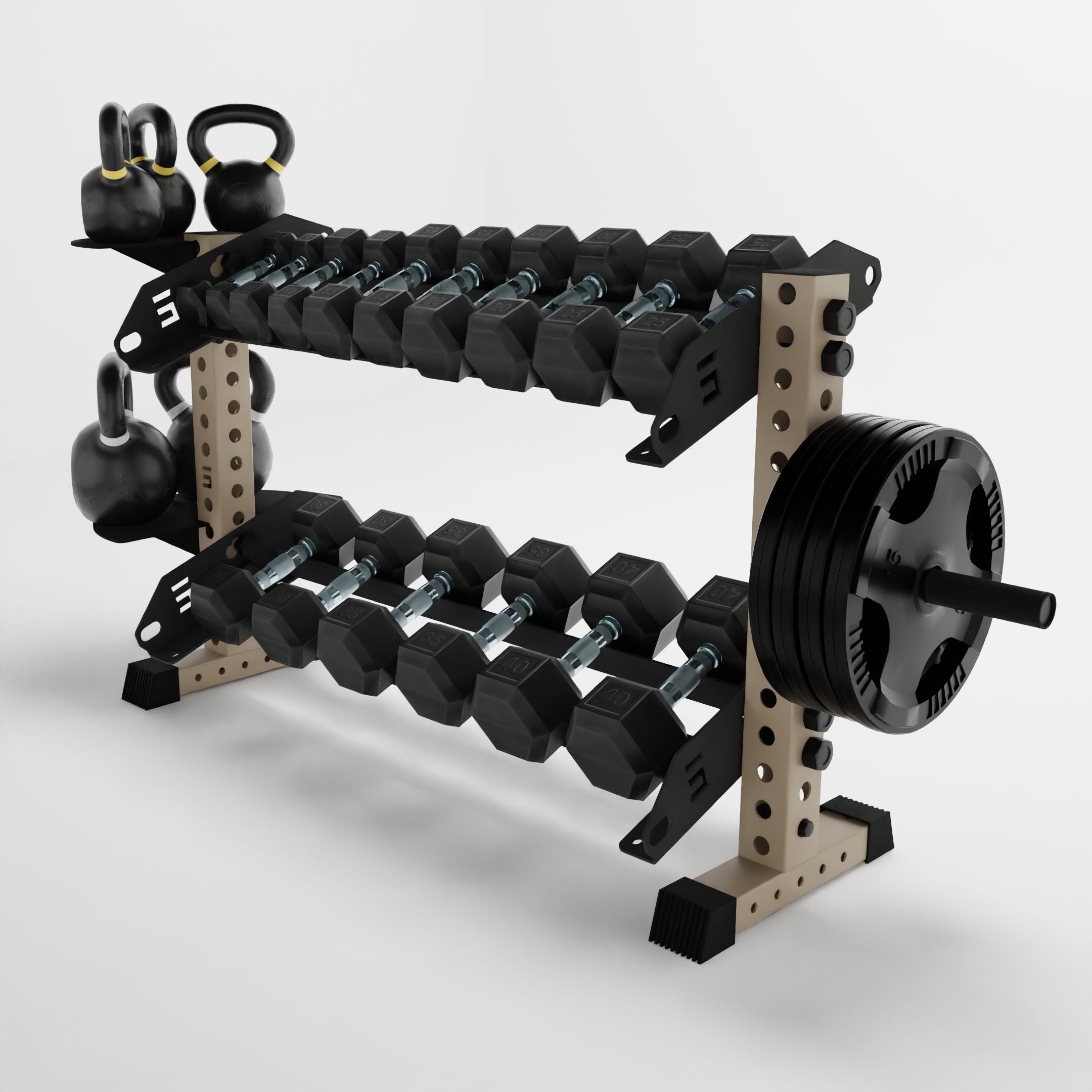 military tan 43-inch bravo 2-tier horizontal dumbbell rack storing dumbbells, weight plates, and kettlebells using storage attachment accessories