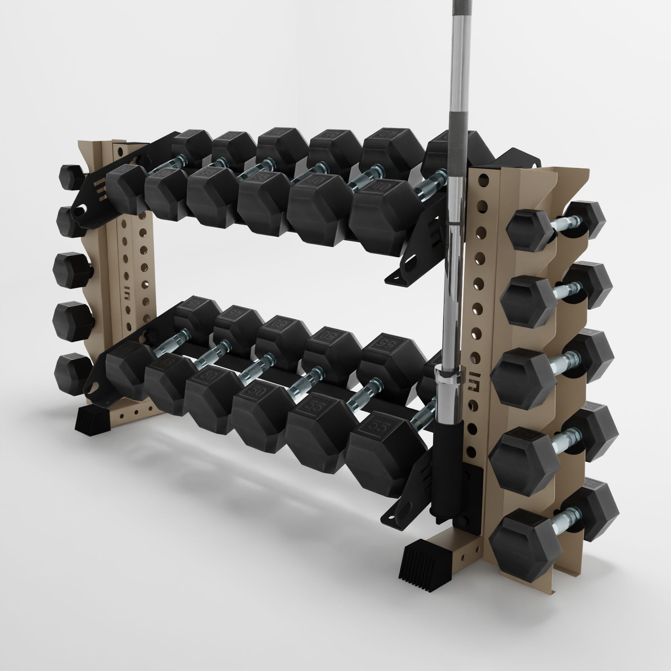 military tan 43-inch bravo 2-tier horizontal dumbbell rack with vertical add-ons storing dumbbells and a barbell using a storage attachment accessory