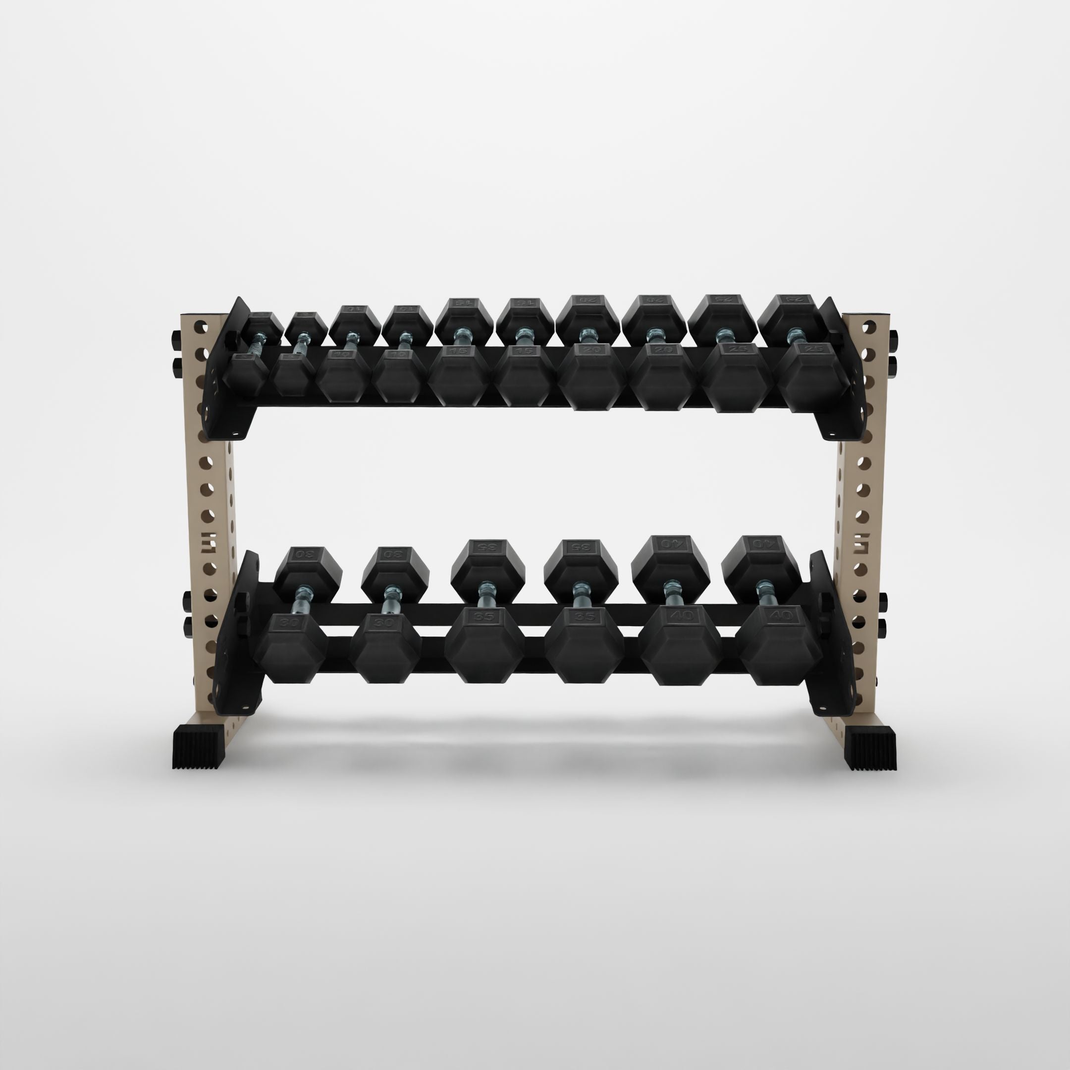 military tan 43-inch bravo 2-tier horizontal dumbbell rack storing hex dumbbells