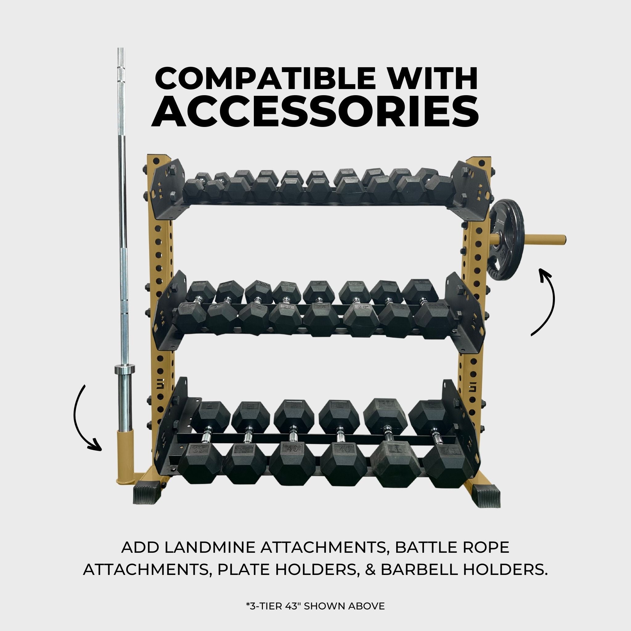 military tan 3-tier horizontal dumbbell rack holding hex dumbbells, a barbell in a barbell holder attachment accessory, and a weight plate on a weight plate holder attachment accessory with text reading "compatible with accessories: add landmine attachments, battle rope attachments, plate holders, and barbell holders"