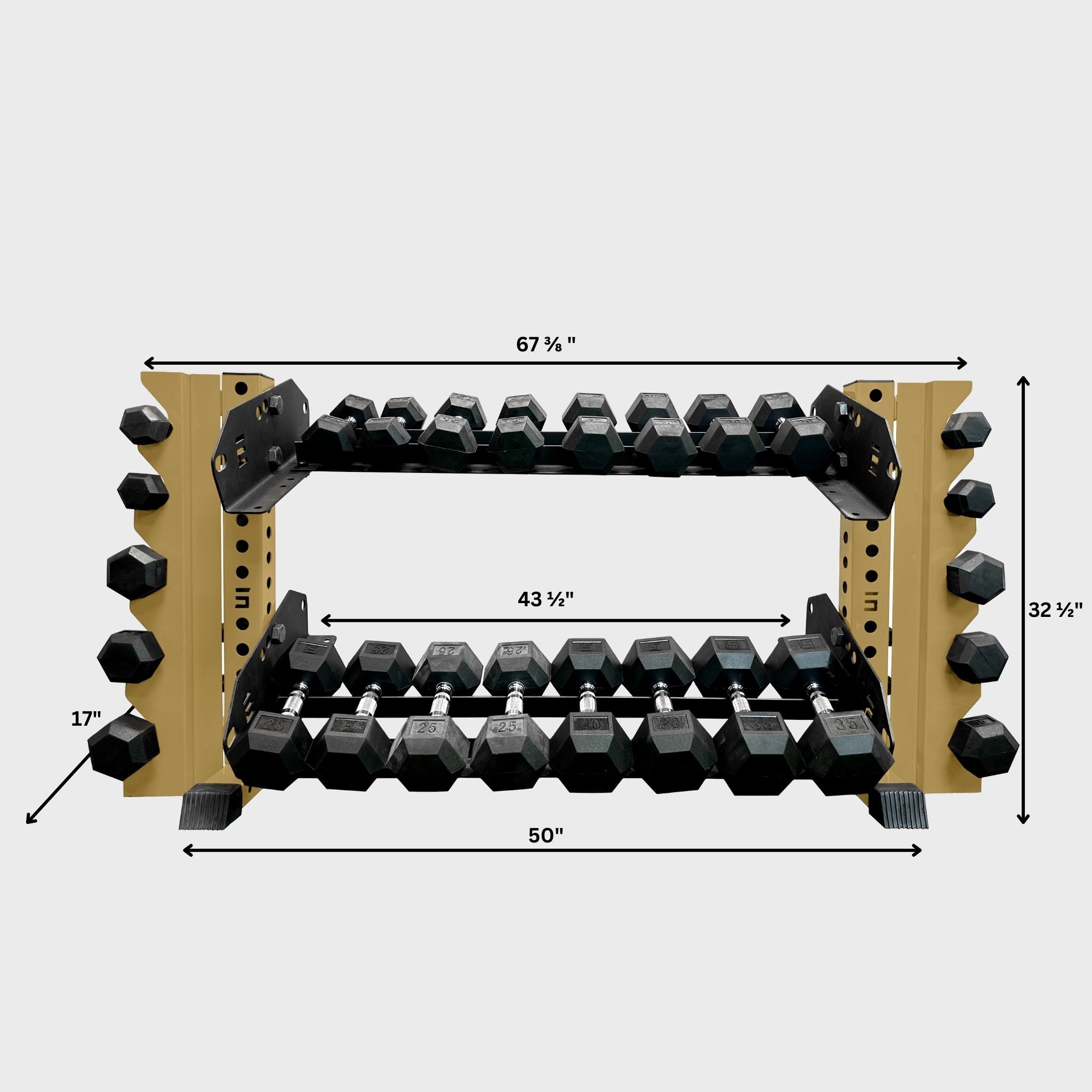 military tan 43-inch bravo 2-tier horizontal dumbbell storage rack loaded with hex dumbbells and its product dimensions