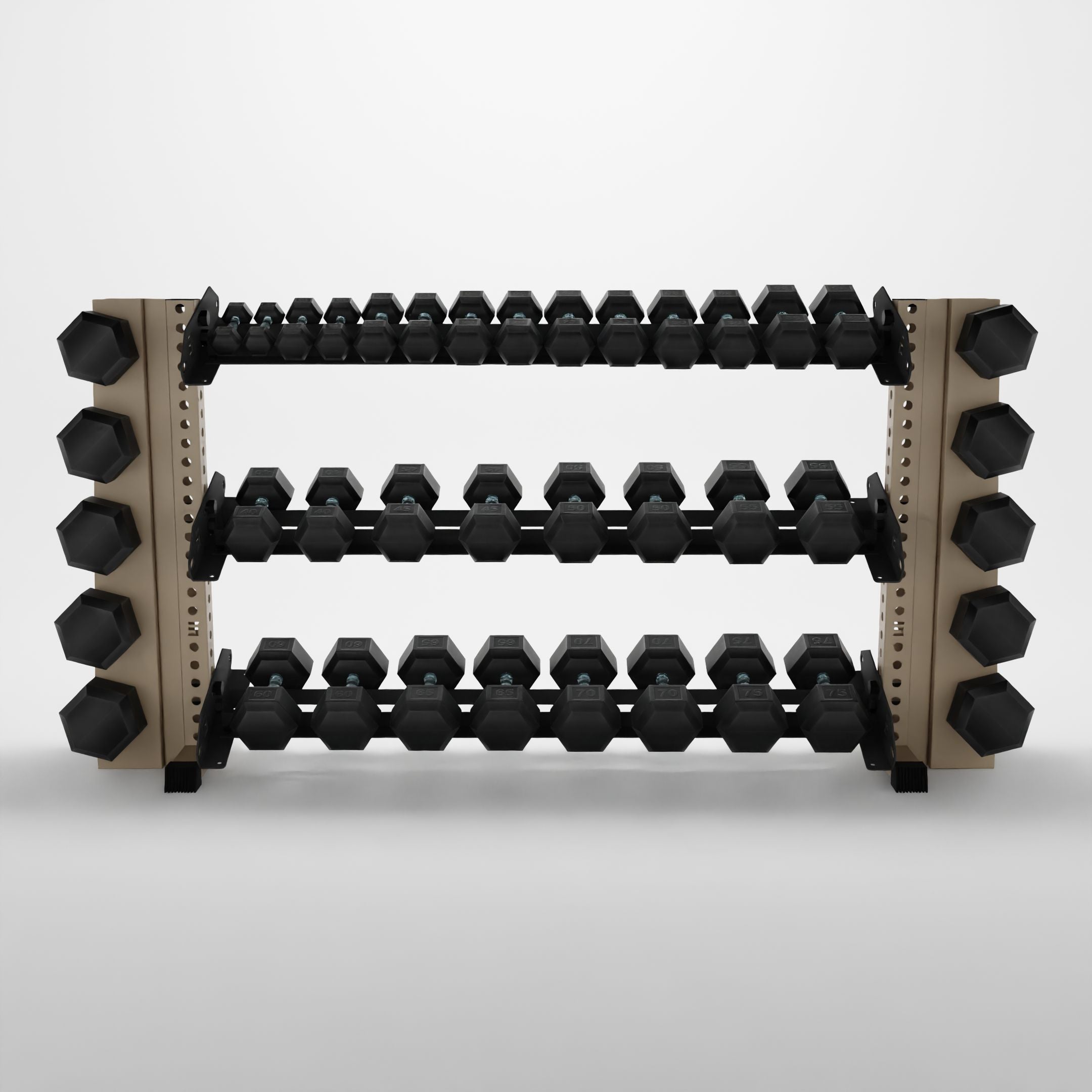 military tan 70-inch alpha 3-tier horizontal dumbbell rack with elite vertical add-ons storing hex dumbbells