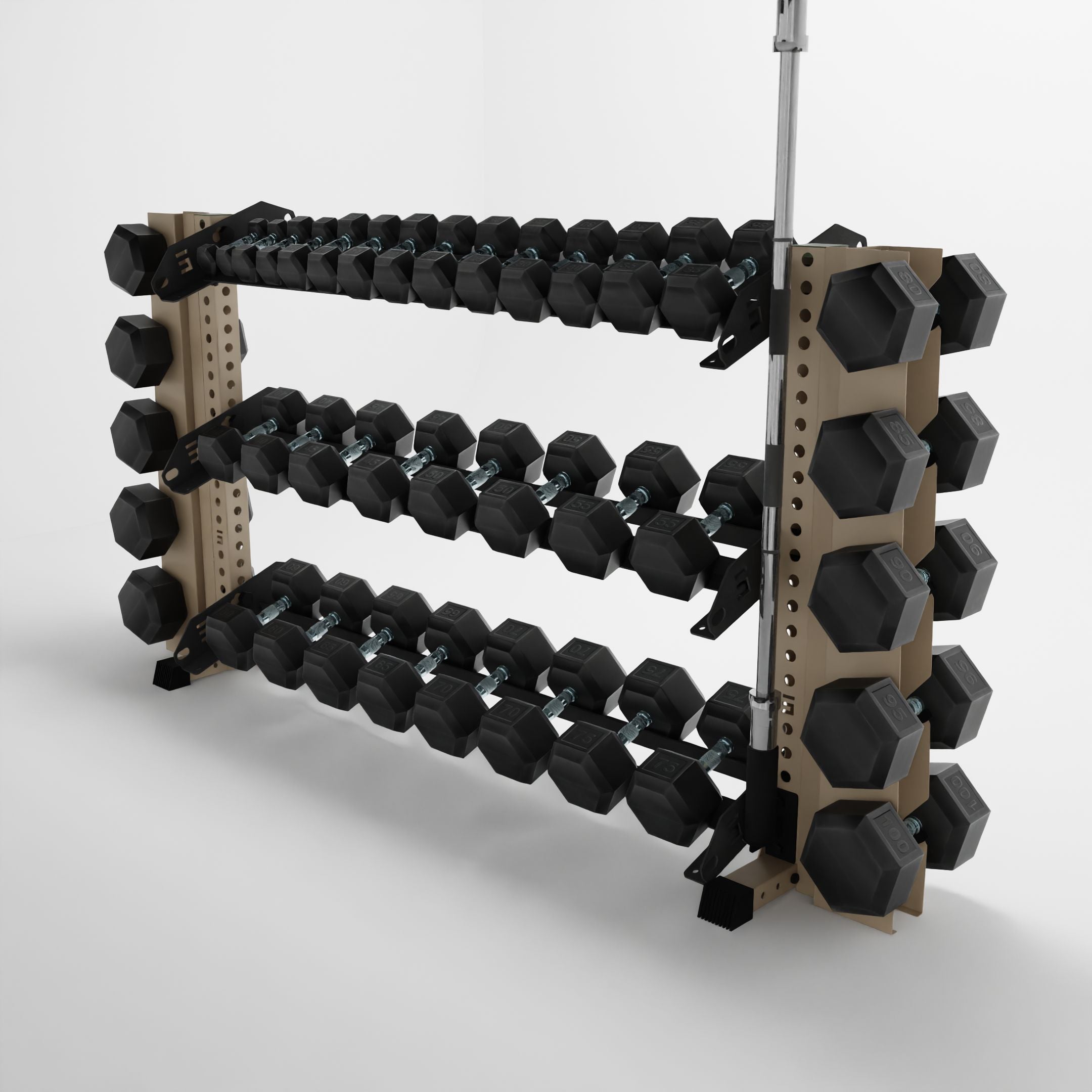 military tan 70-inch alpha 3-tier horizontal dumbbell rack with elite vertical add-ons storing dumbbells and a barbell using a storage attachment accessory