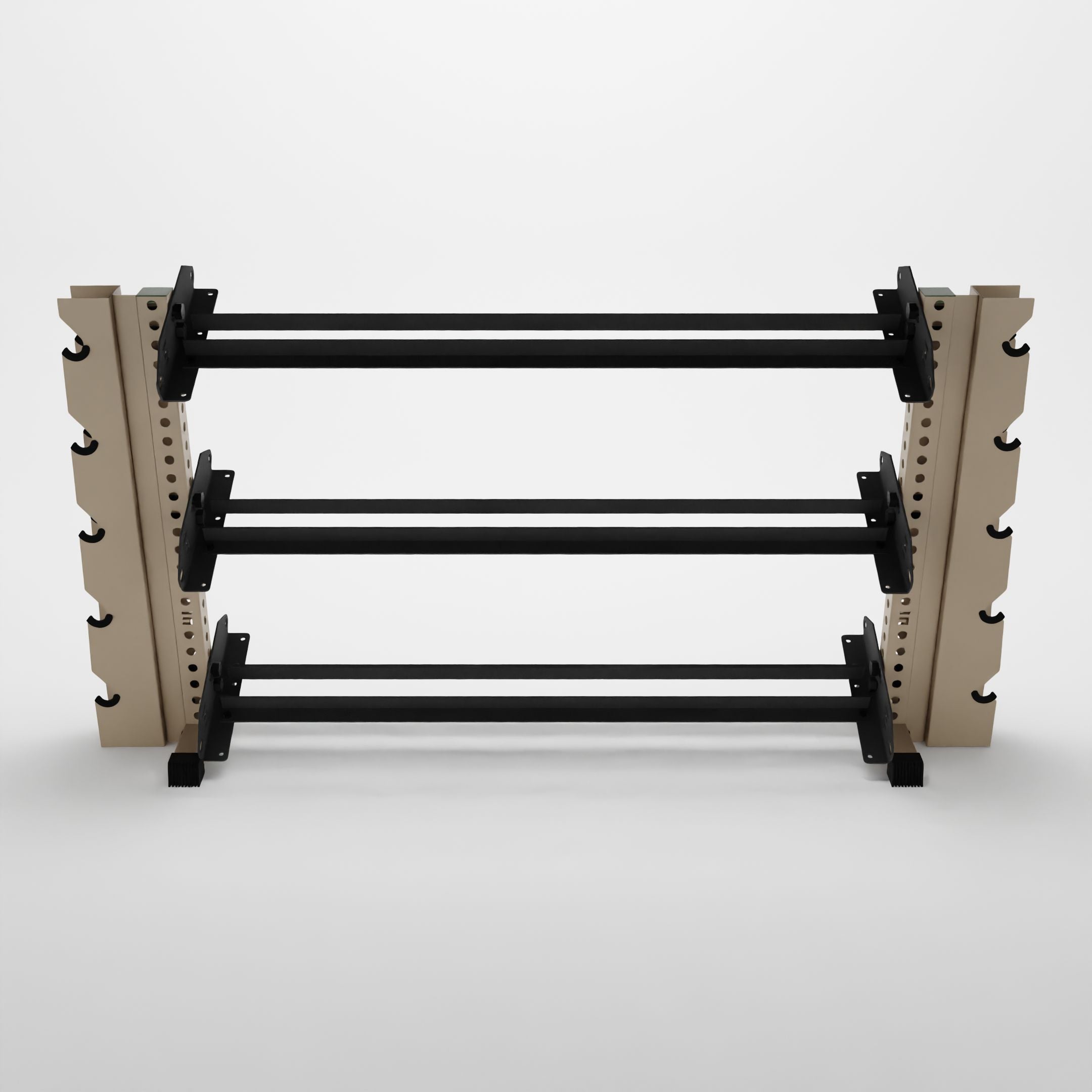 military tan 70-inch alpha 3-tier horizontal dumbbell rack with elite vertical add-ons