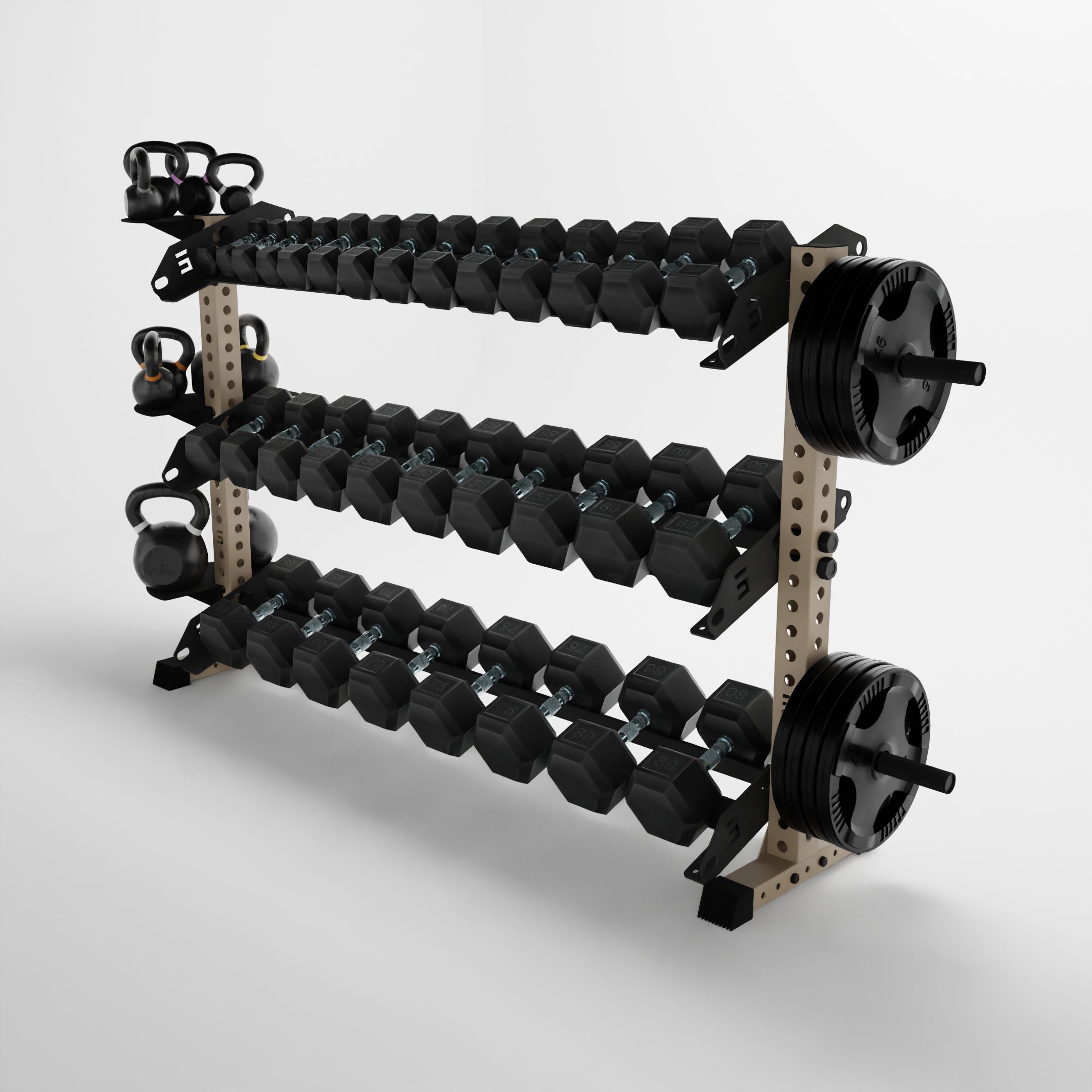 military tan 70-inch alpha 3-tier horizontal dumbbell rack storing dumbbells, weight plates, and kettlebells using storage attachment accessories