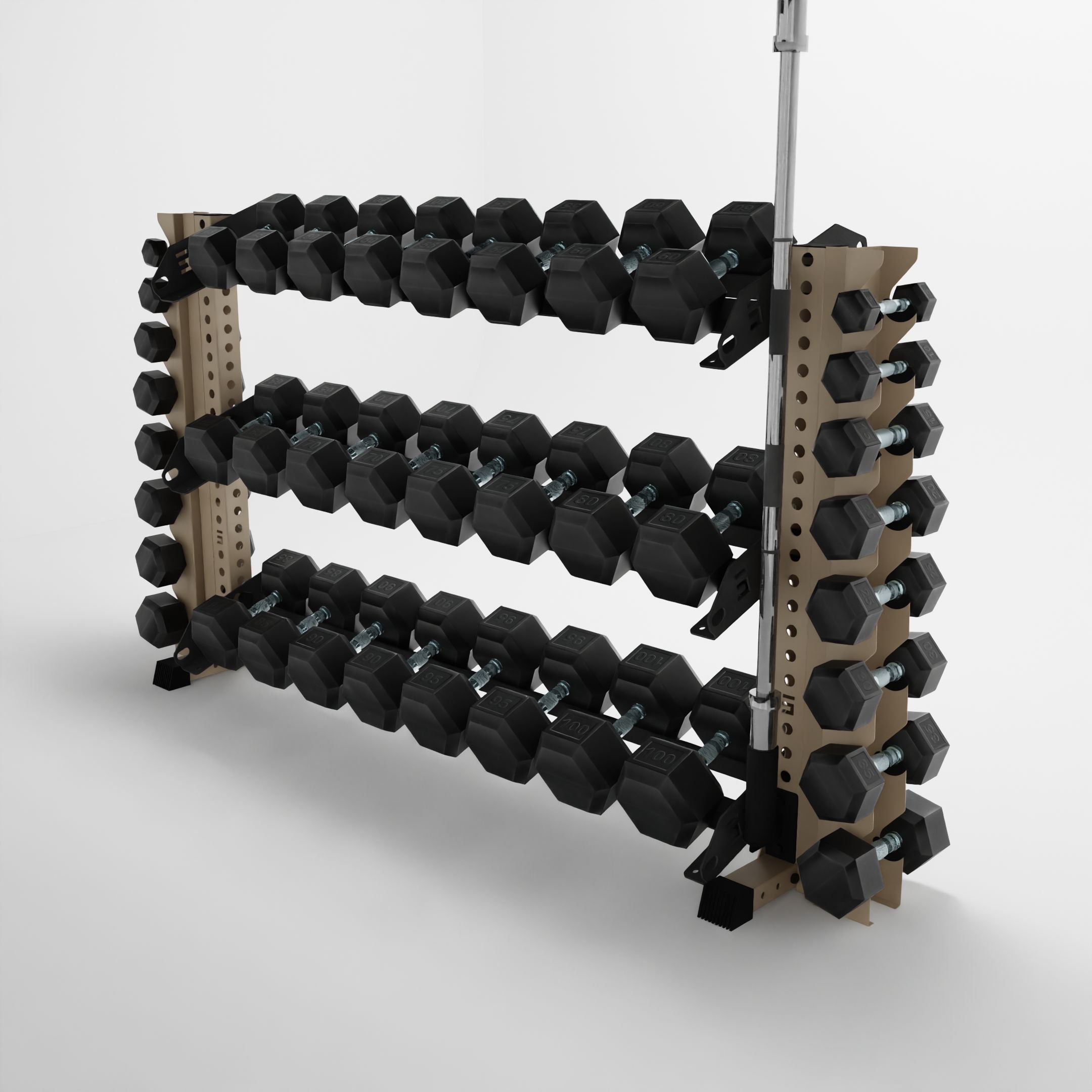 military tan 70-inch alpha 3-tier horizontal dumbbell rack with vertical add-ons storing dumbbells and a barbell using a storage attachment accessory