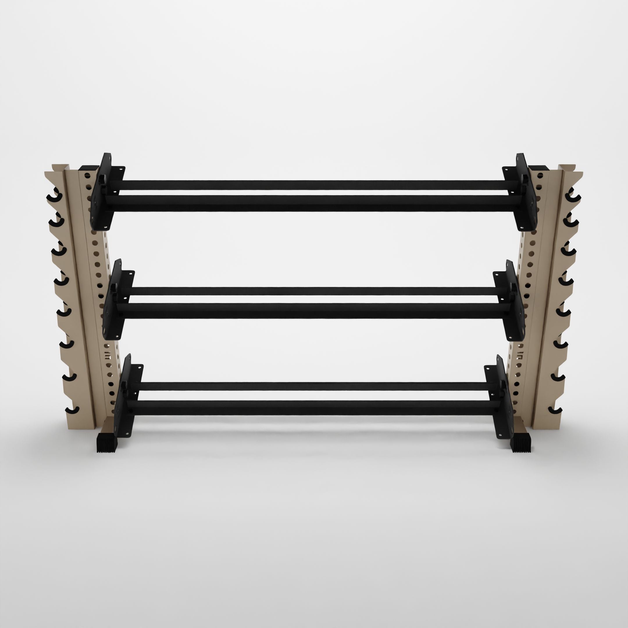 military tan 70-inch alpha 3-tier horizontal dumbbell rack with vertical add-ons