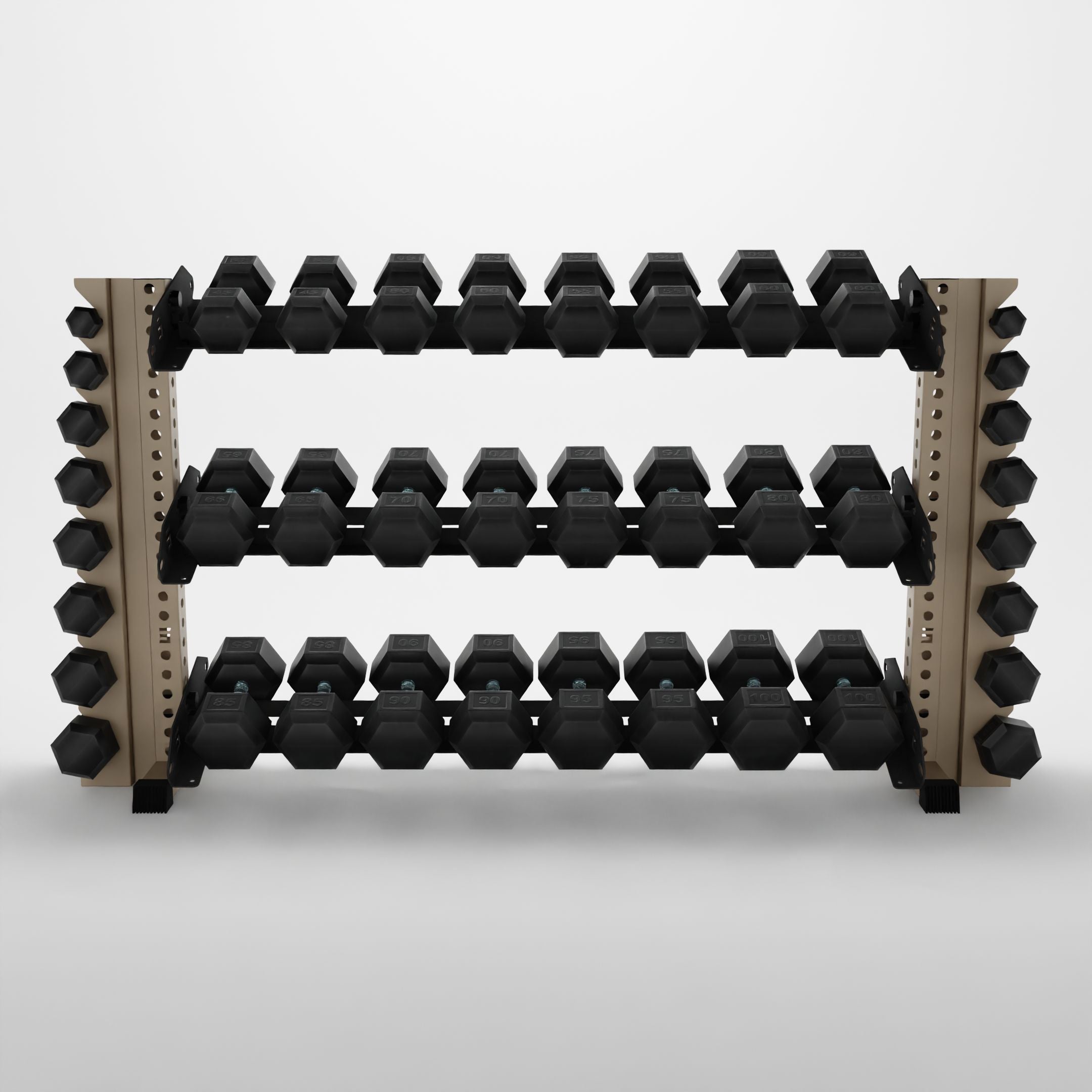 military tan 70-inch alpha 3-tier horizontal dumbbell rack with vertical add-ons storing hex dumbbells