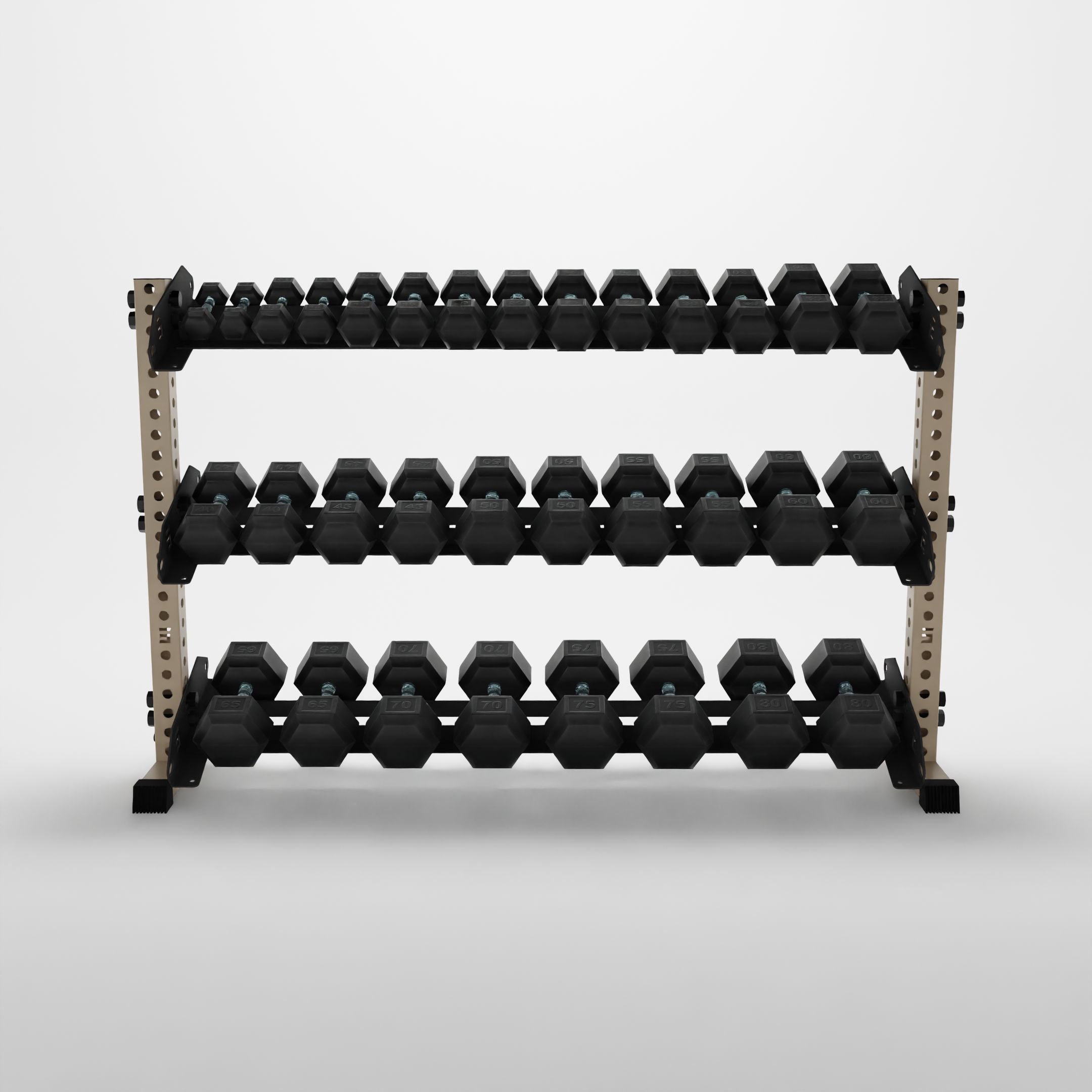 military tan 70-inch alpha 3-tier horizontal dumbbell rack storing hex dumbbells