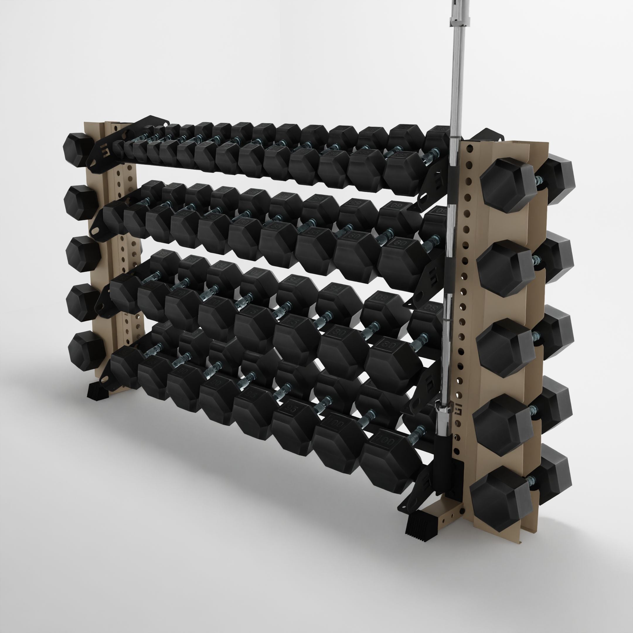 military tan 70-inch alpha 4-tier horizontal dumbbell rack with elite vertical add-ons storing hex dumbbells and a barbell using a storage attachment accessory