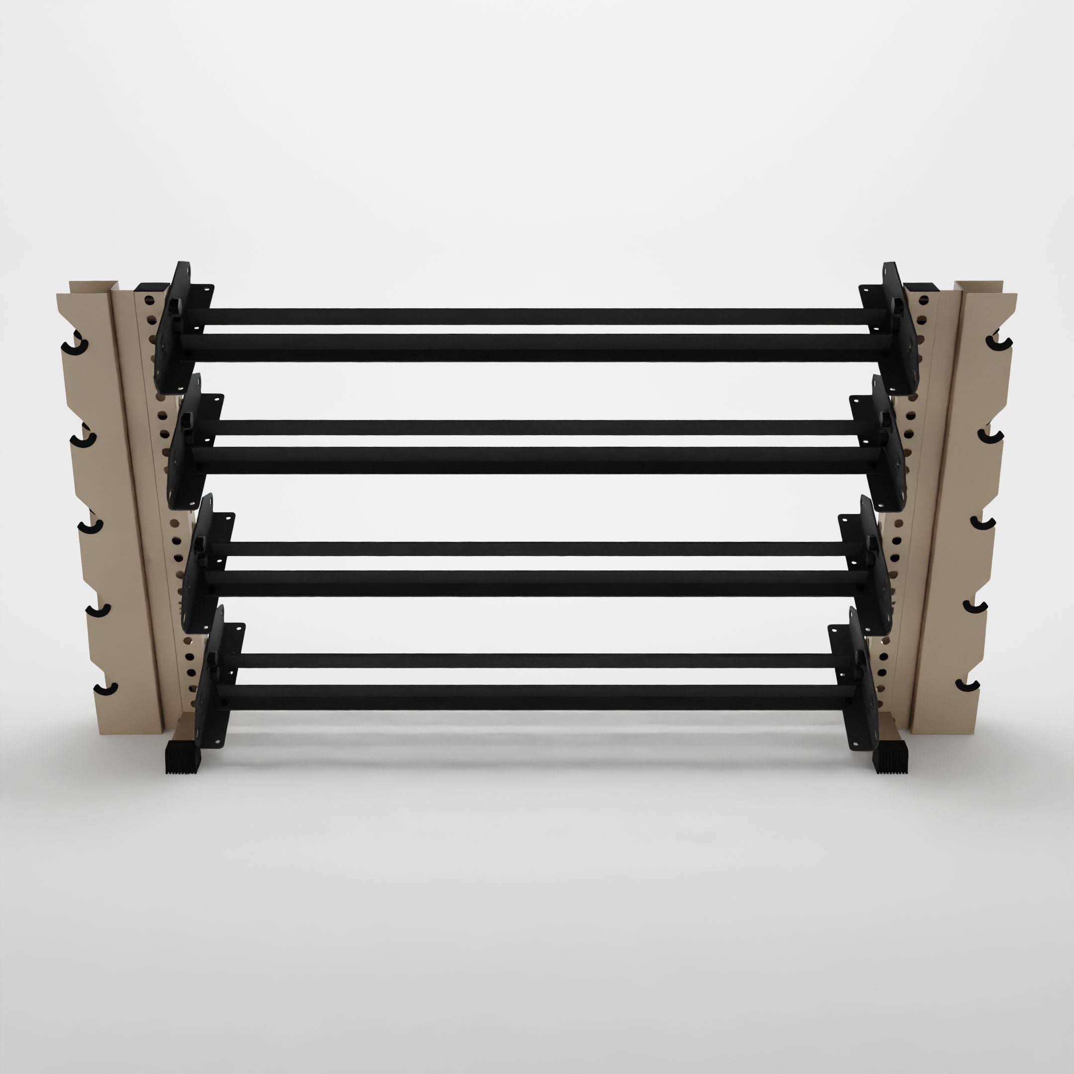 military tan 70-inch alpha 4-tier horizontal dumbbell rack with elite vertical add-ons