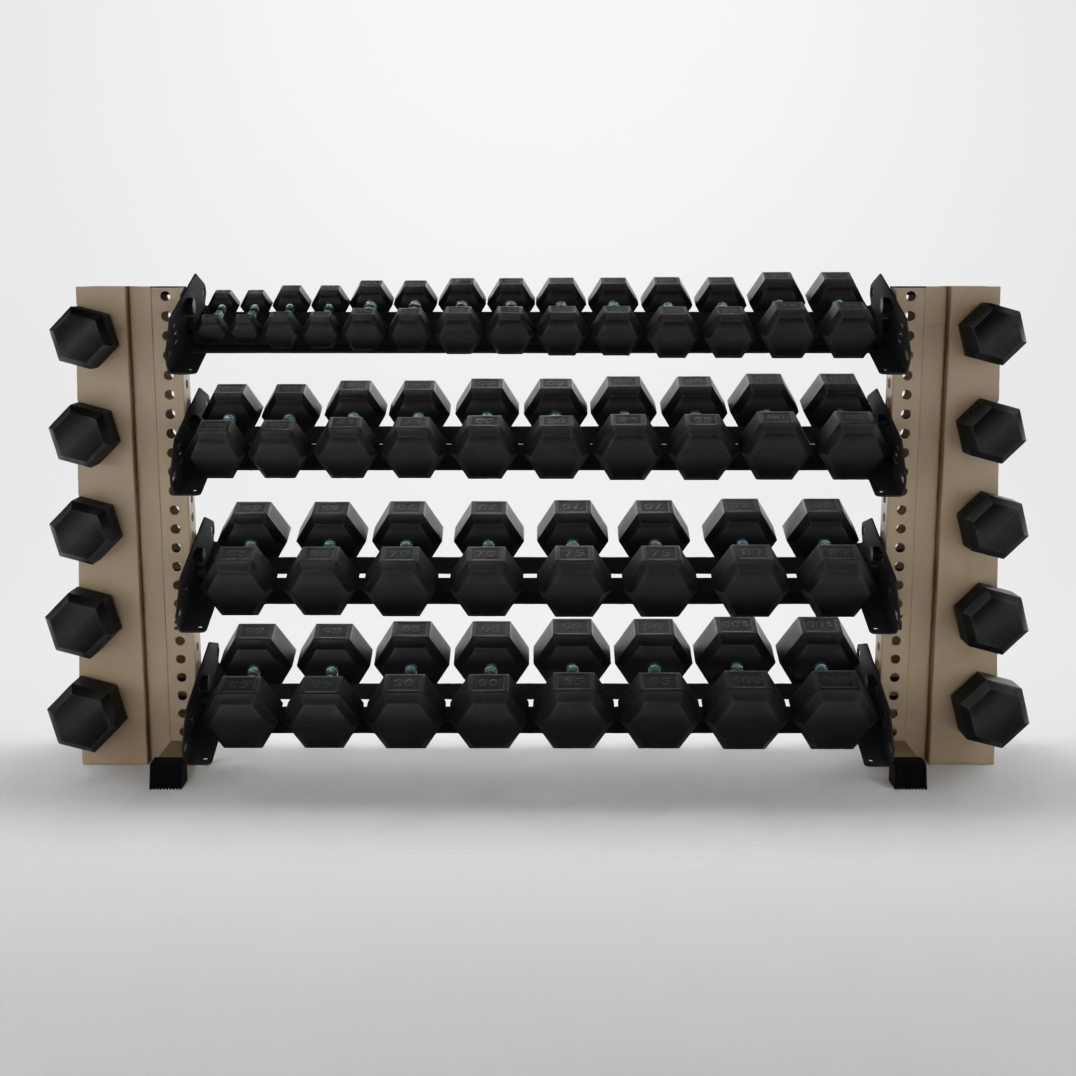 military tan 70-inch alpha 4-tier horizontal dumbbell rack with elite vertical add-ons storing hex dumbbells