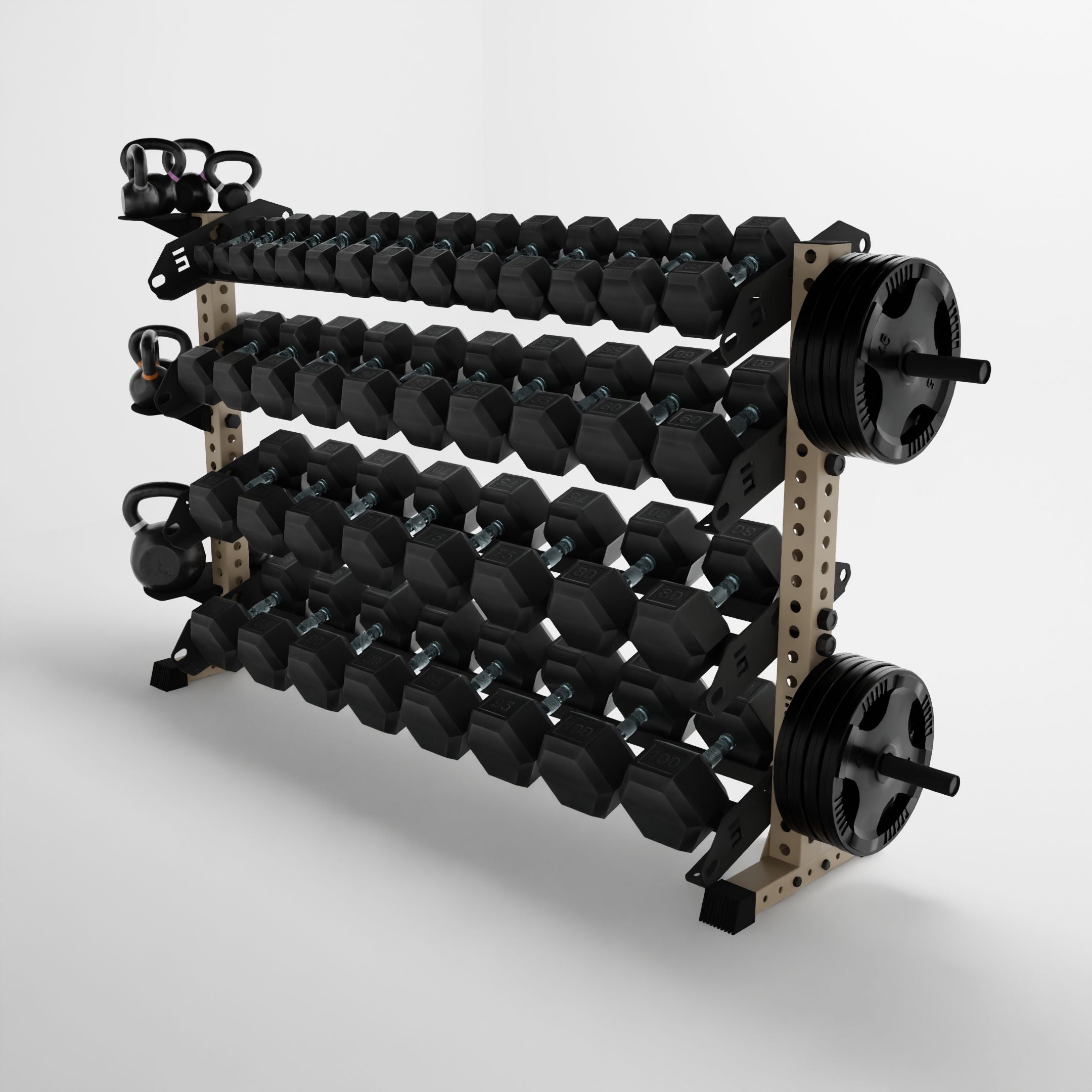 military tan 70-inch alpha 4-tier horizontal dumbbell rack storing dumbbells, weight plates, and kettlebells using storage attachment accessories