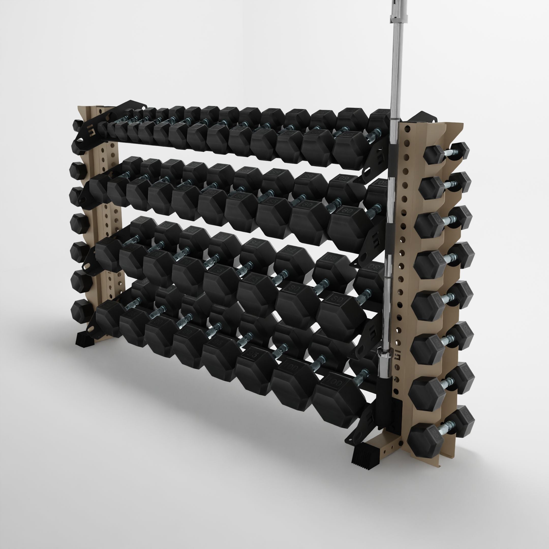 military tan 70-inch alpha 4-tier horizontal dumbbell rack with vertical add-ons storing hex dumbbells and a barbell using a storage attachment accessory