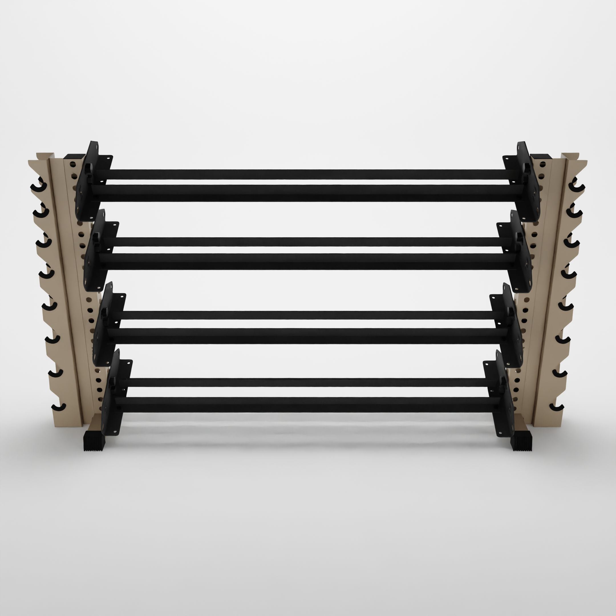 military tan 70-inch alpha 4-tier horizontal dumbbell rack with vertical add-ons